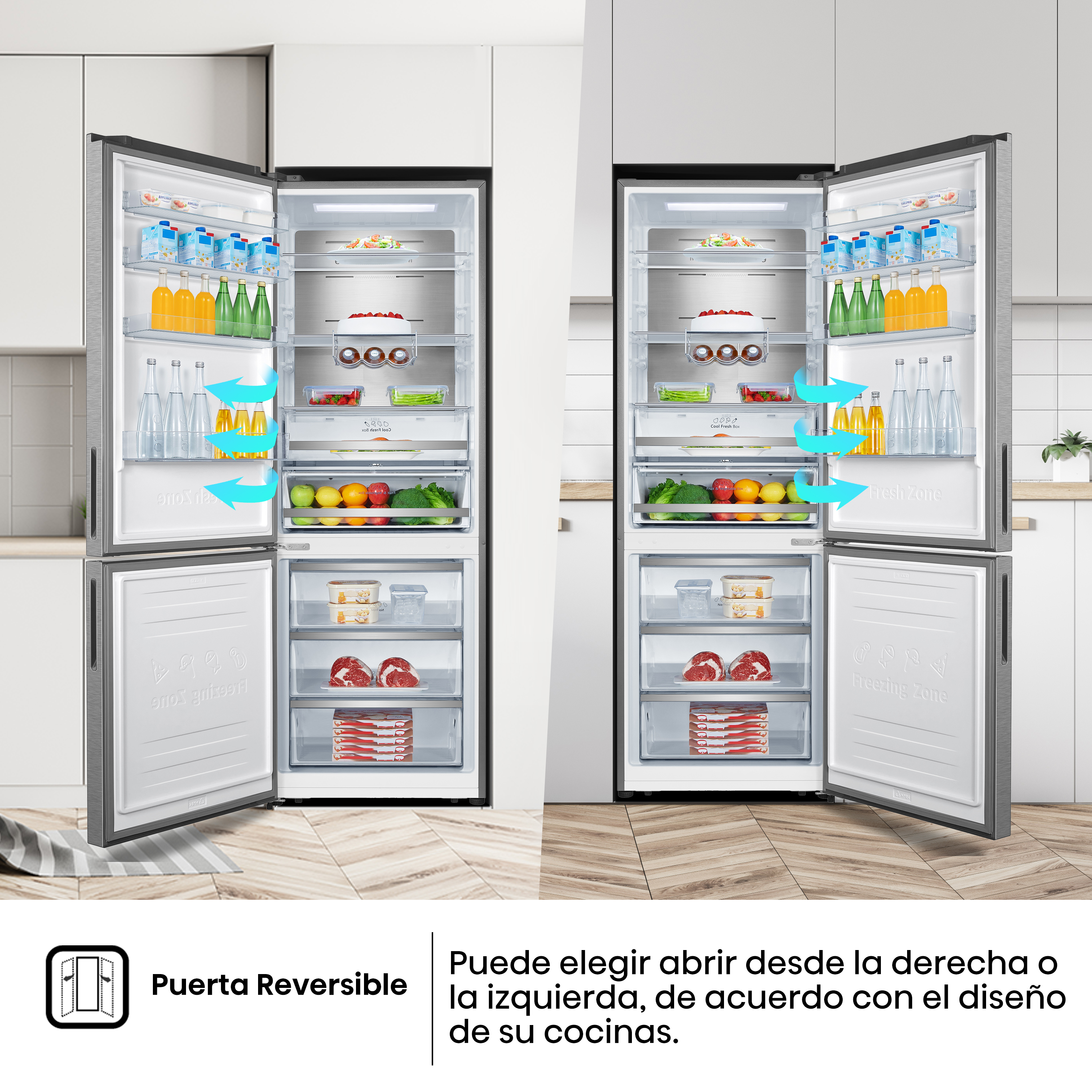 Puerta Reversible: Dos puertas de refrigerador abiertas, mostrando interior y flechas de flujo.