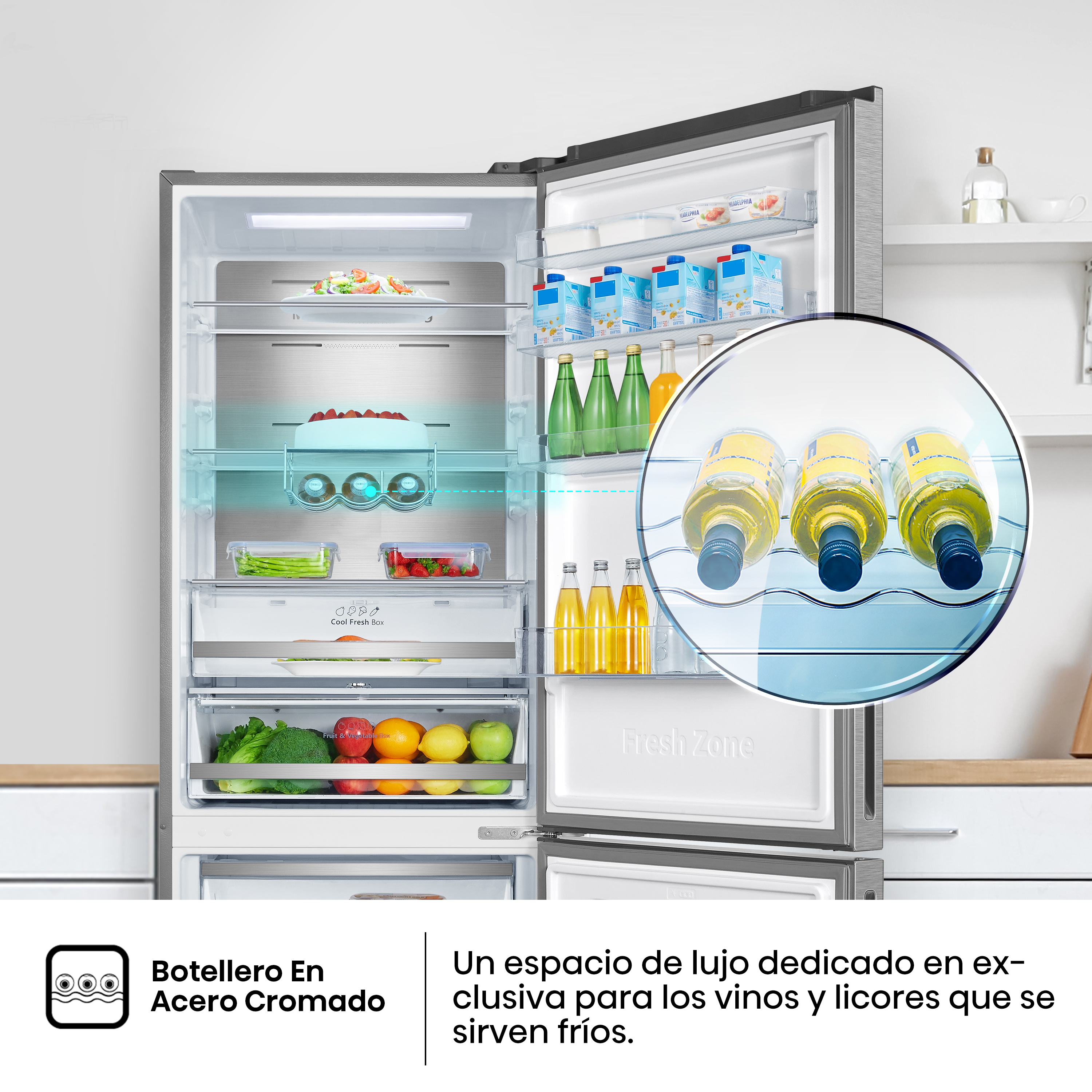 Botellero de acero cromado: Interior del refrigerador con botellas de vino en estante.
