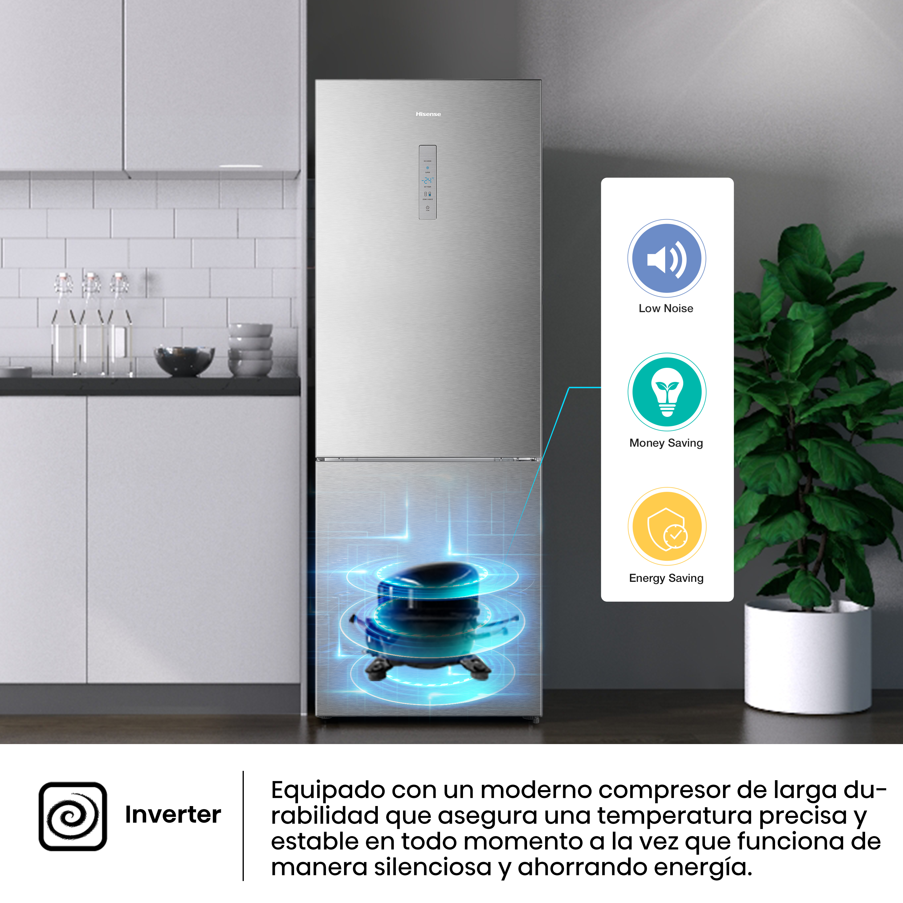 Inverter: Refrigerador Hisense con compresor e iconos de ahorro energético.