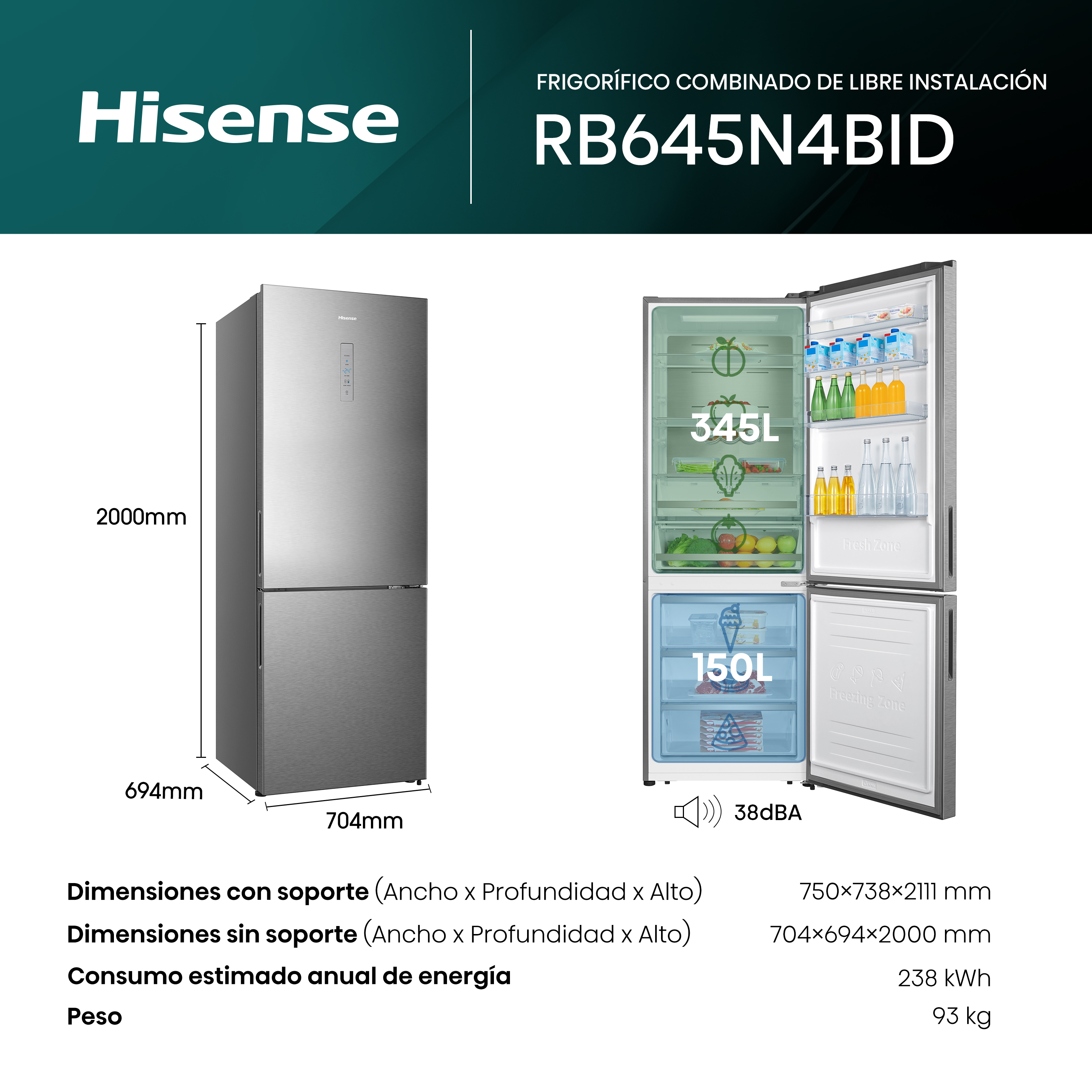 Hisense RB645N4BID: Refrigerador con dimensiones, capacidad e información energética.