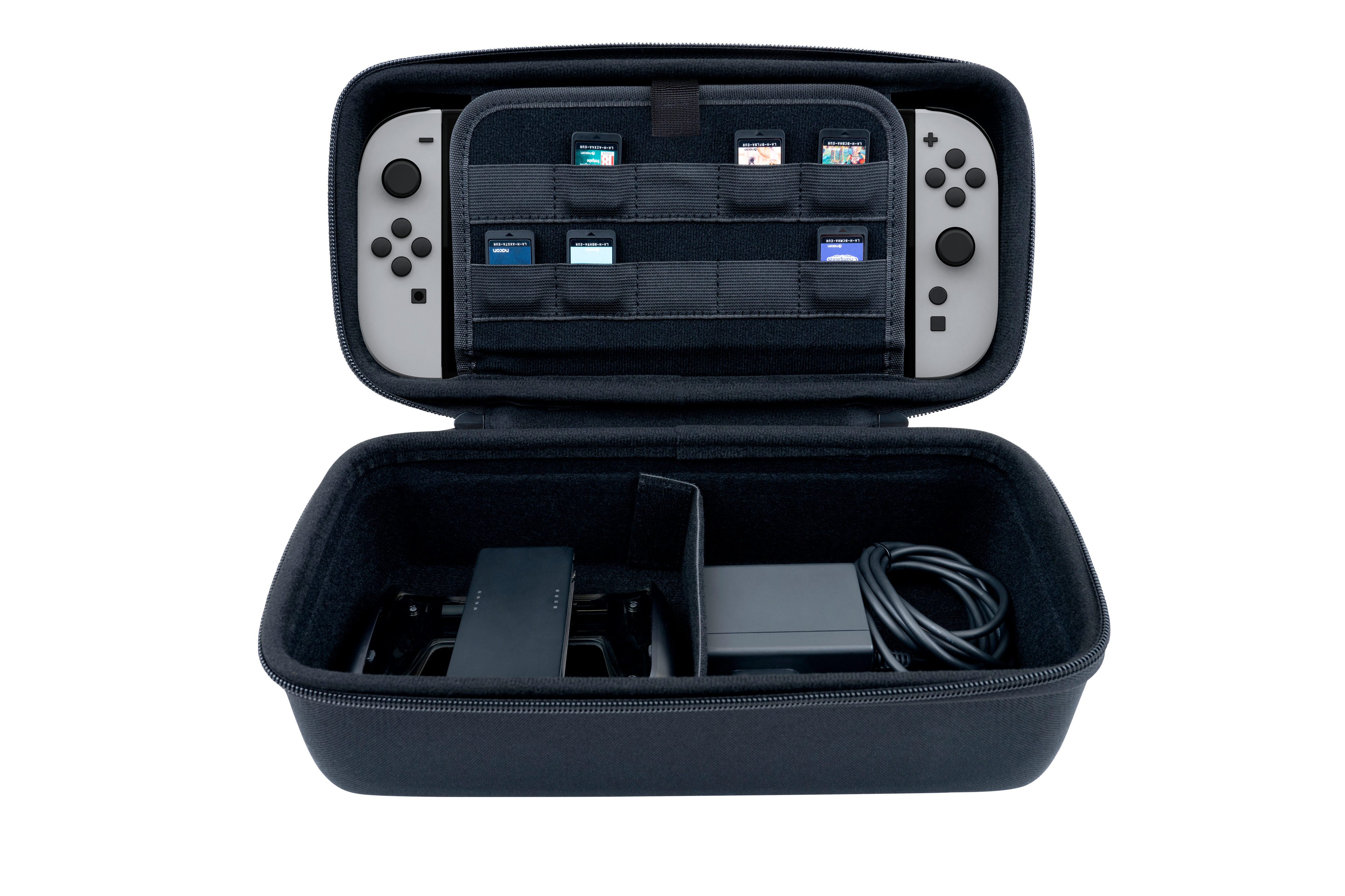 Offene schwarze Hülle für Nintendo Switch mit Konsole, Controllern, Spielen und Zubehör im Inneren.