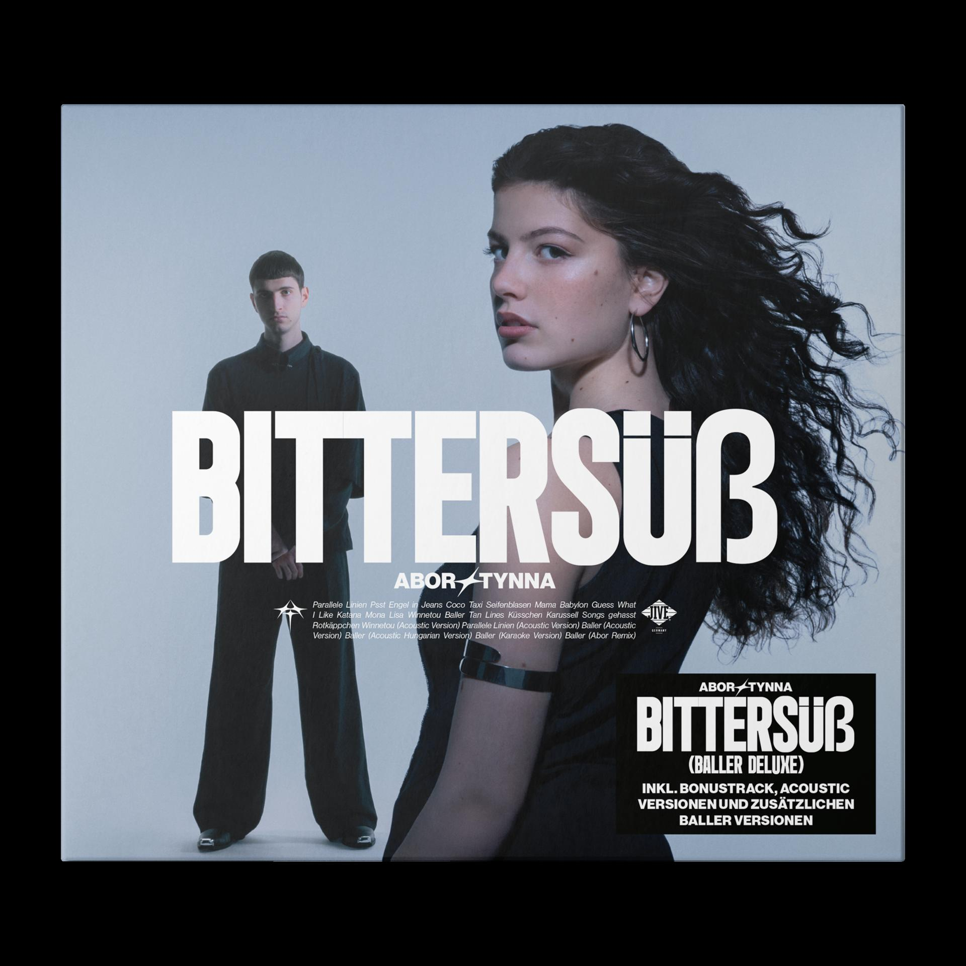 Albumcover mit zwei Personen und Text 'BITTERSÜB'. Schwarzer Hintergrund, schwarze Vinyl-Schallplatte.