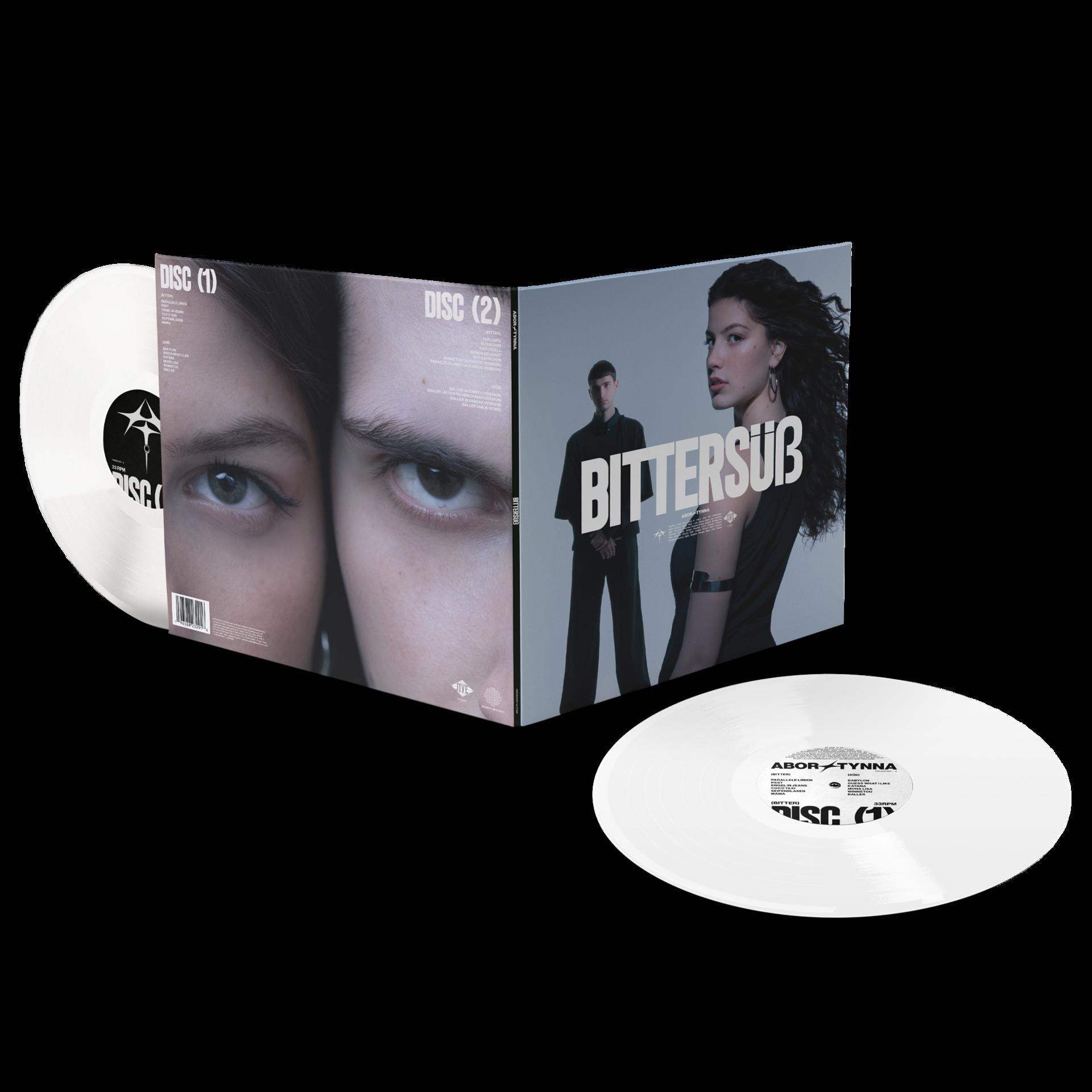 Albumverpackung mit zwei weißen Vinyl-Schallplatten, Albumcover mit zwei Personen, Text 'BITTERSÜB'.