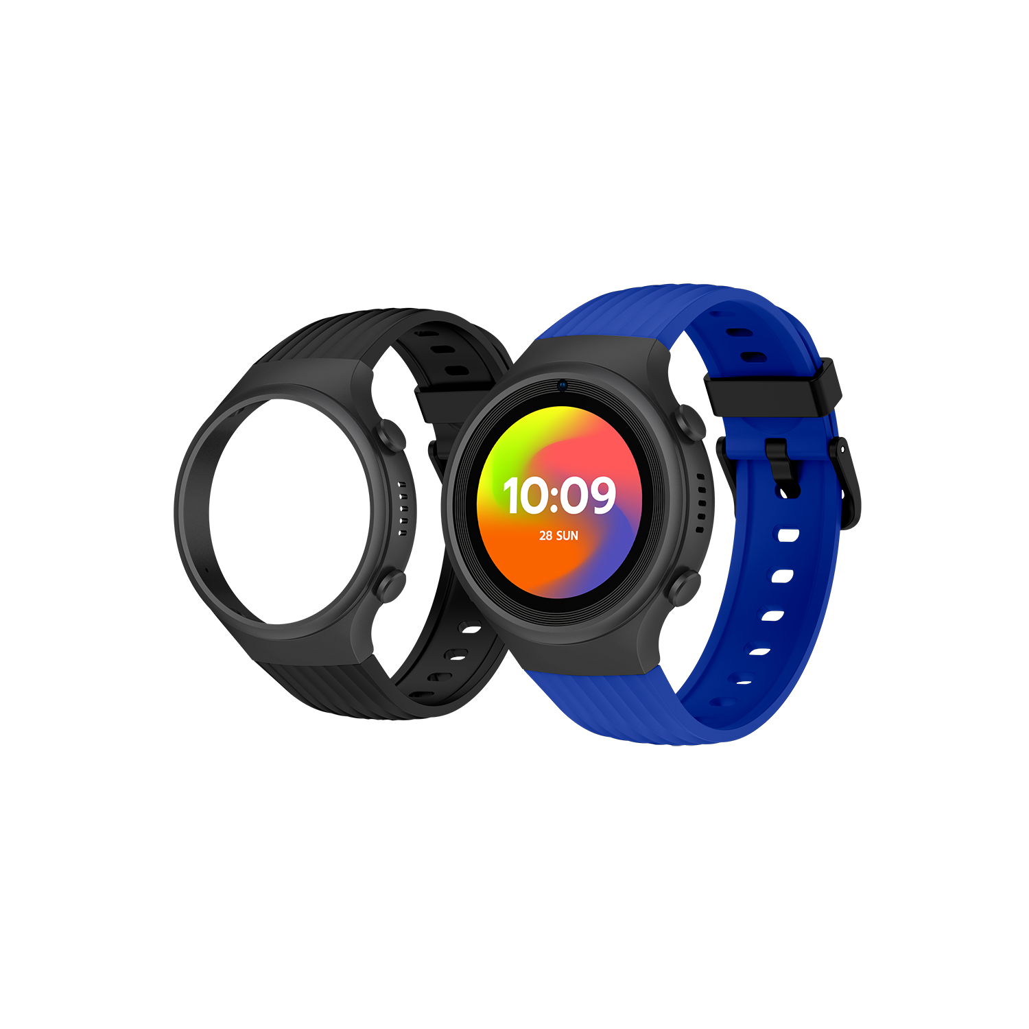 Dos relojes inteligentes, uno negro, otro con correa azul, mostrando la hora.