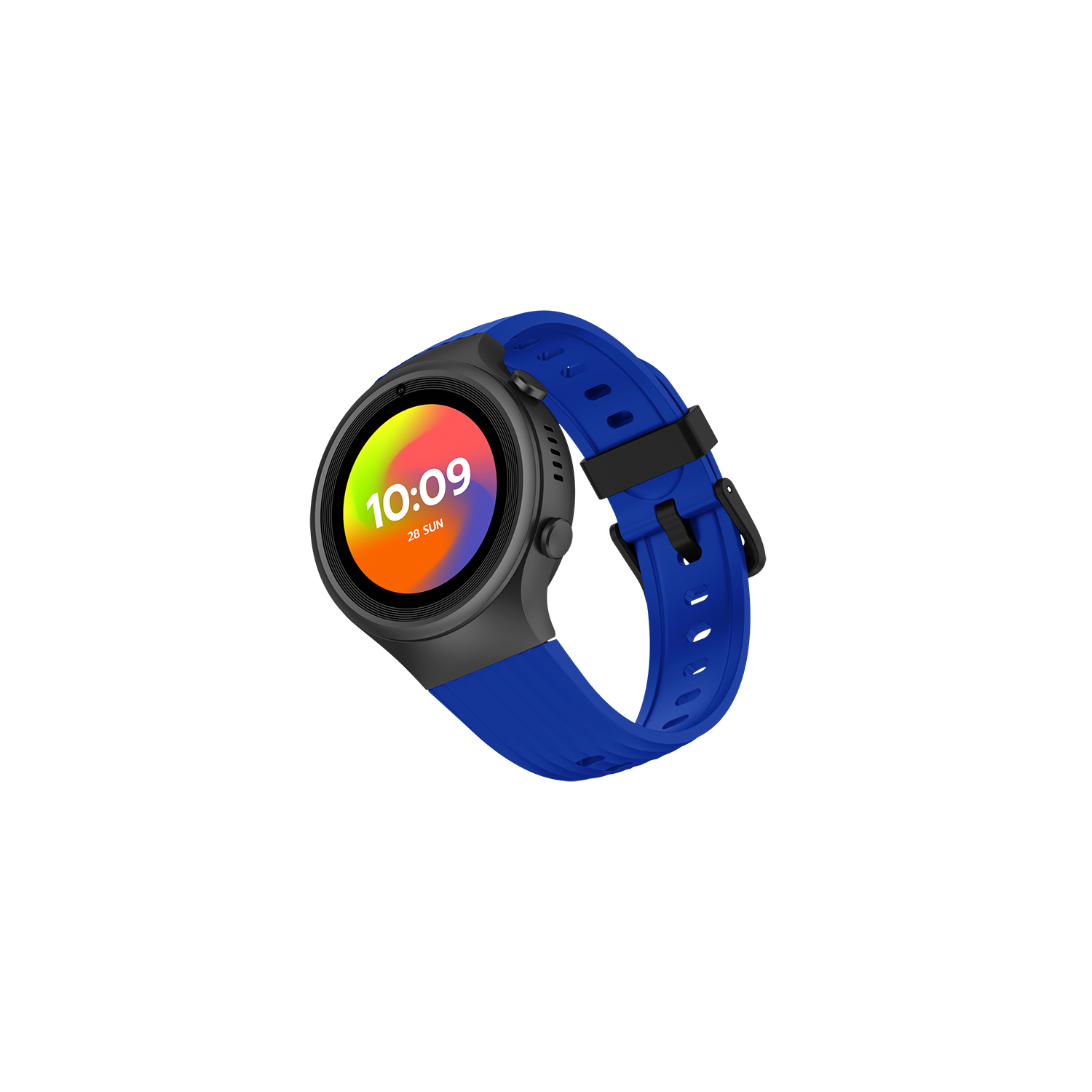 Un reloj inteligente con correa azul, mostrando una interfaz colorida, sobre fondo negro.