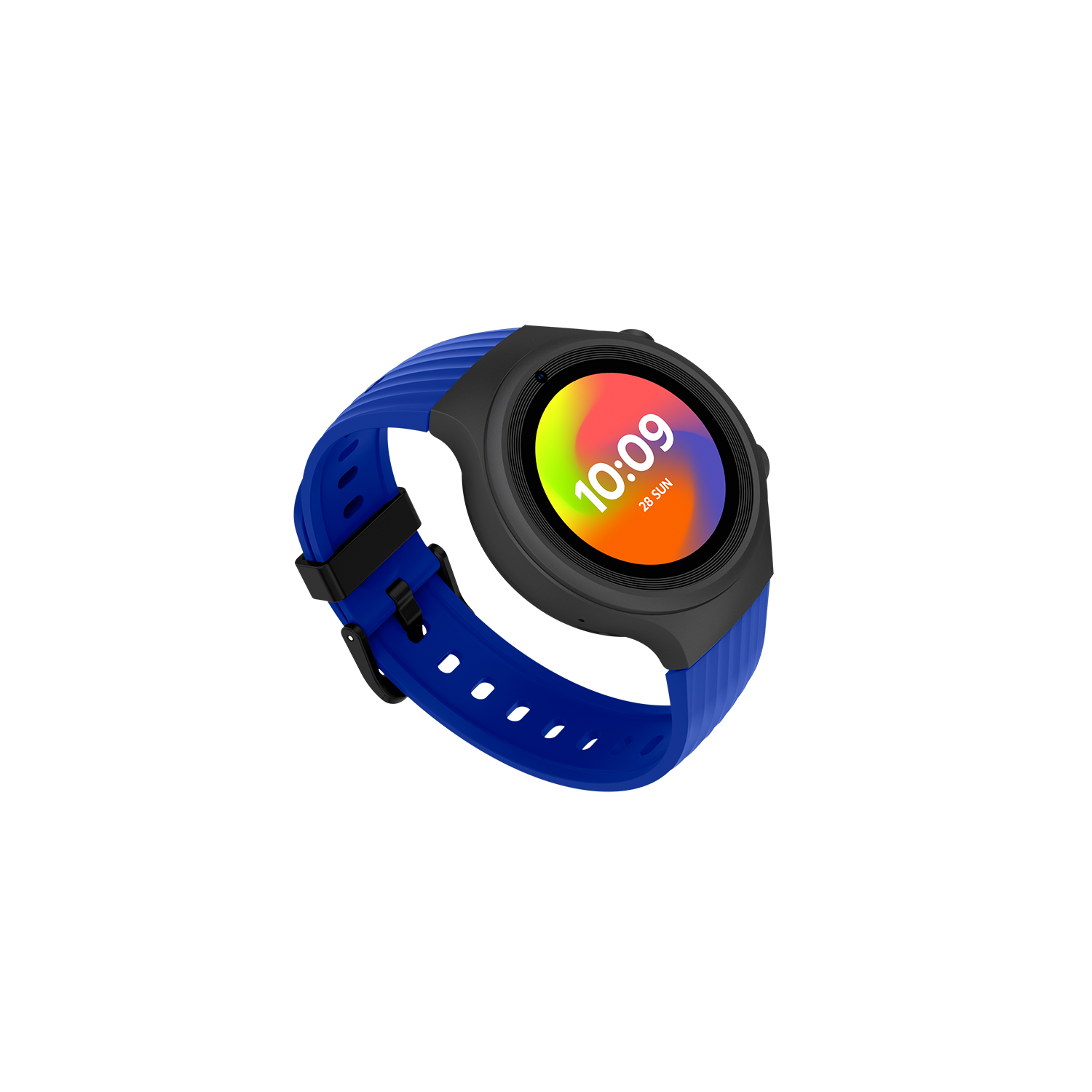 Un reloj inteligente con correa azul, mostrando un icono de teléfono, sobre fondo negro.