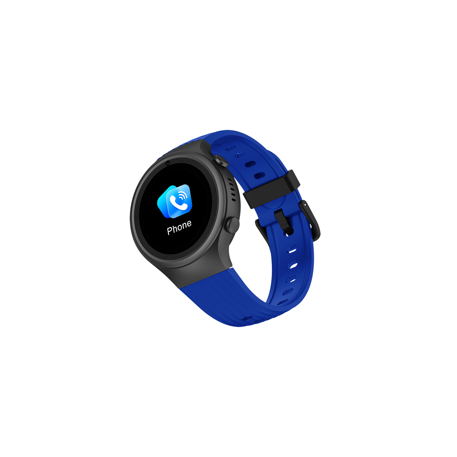 Vista trasera de un reloj inteligente con correa azul, mostrando los puntos de carga sobre fondo negro.
