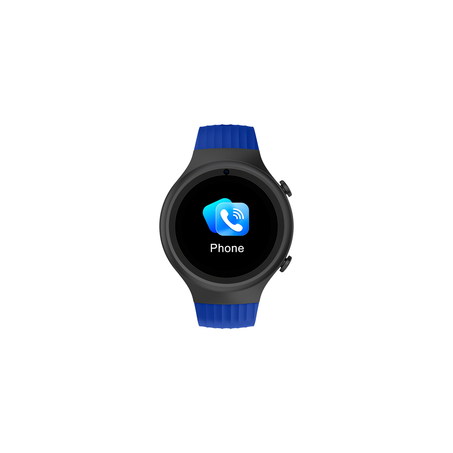Un reloj inteligente muestra un icono de teléfono azul. El reloj tiene una esfera negra y correas azules, sobre un fondo negro.