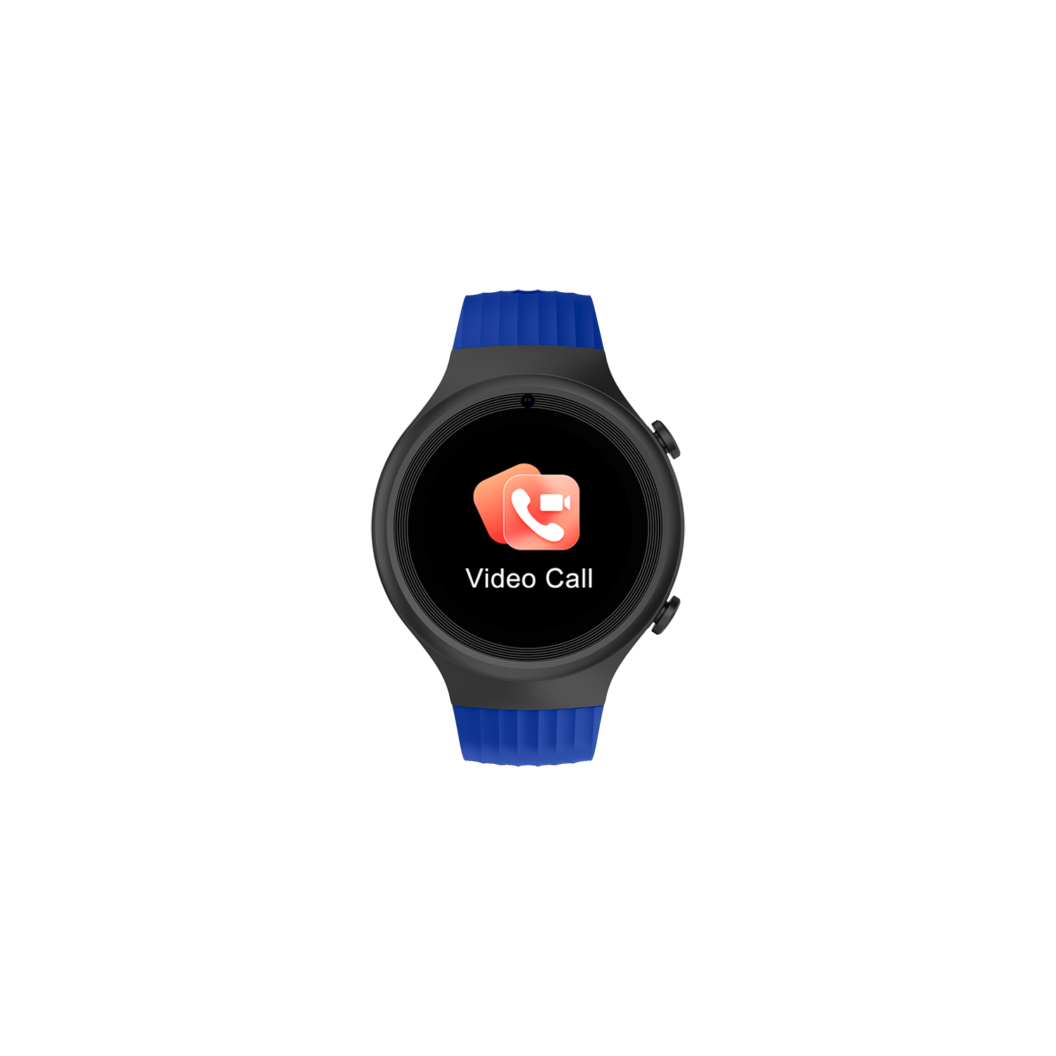 Smartwatch muestra un icono de videollamada. Tiene esfera negra, correas azules. Fondo negro.