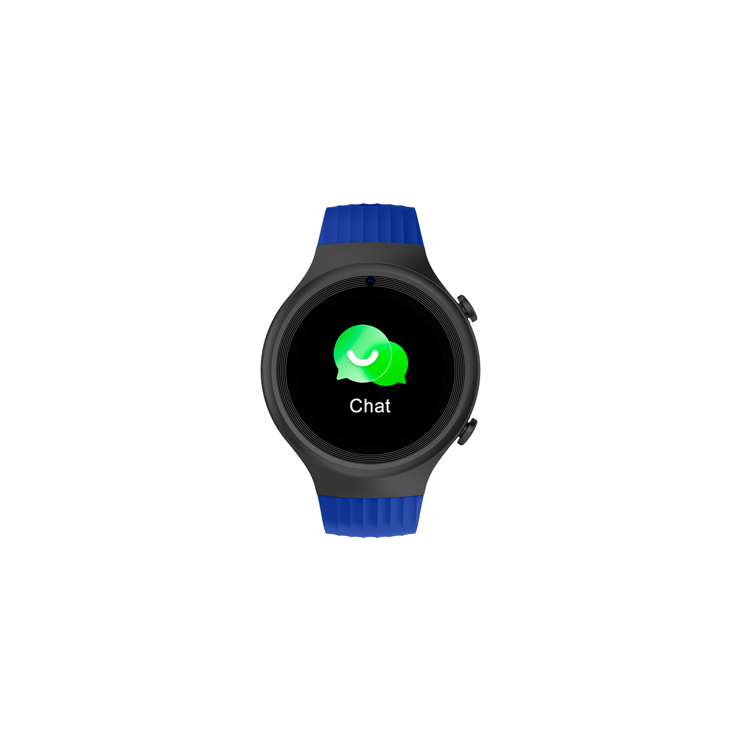 Smartwatch con icono de chat, esfera negra, correas azules, fondo negro.
