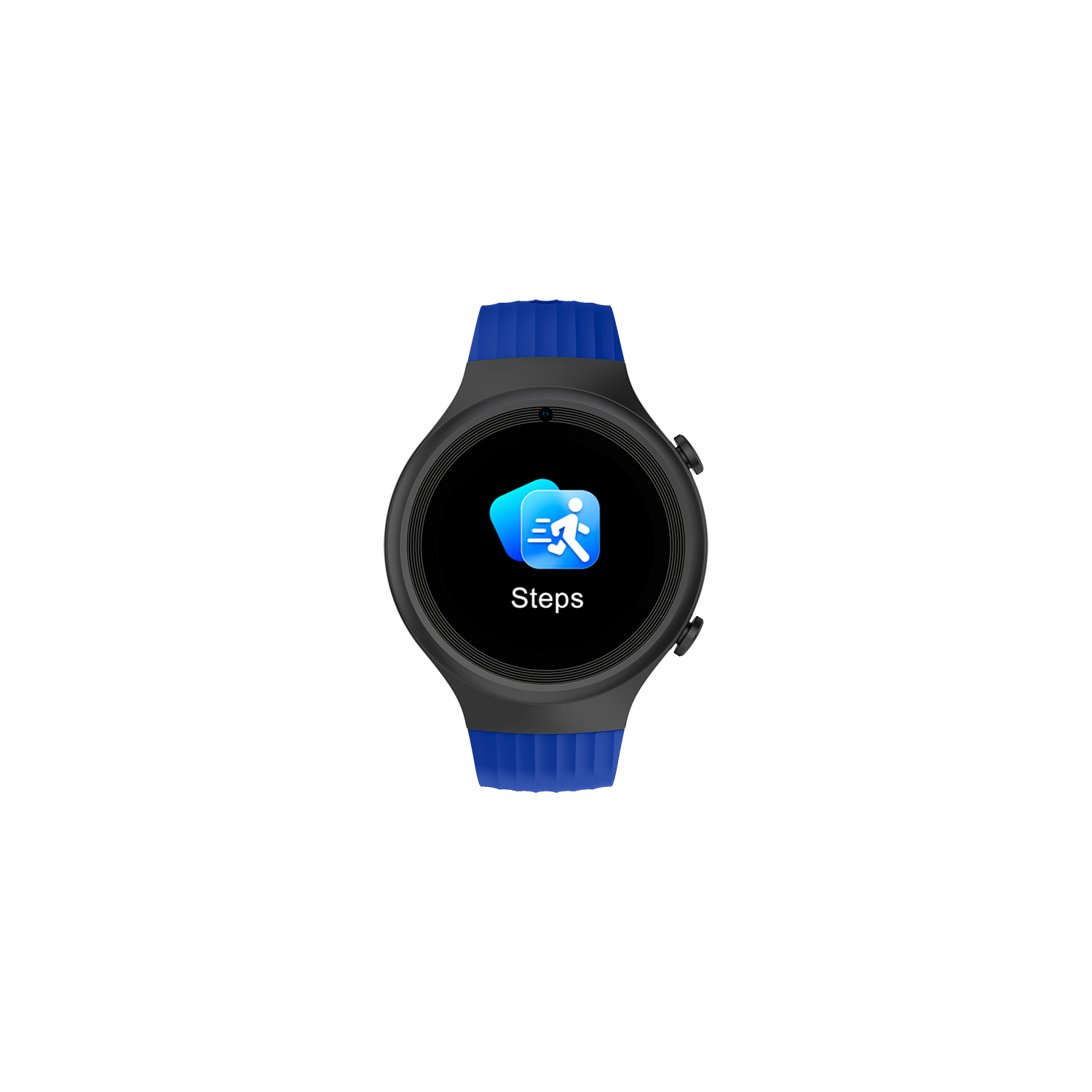 Smartwatch muestra un icono de pasos. Esfera negra, correas azules, fondo negro.