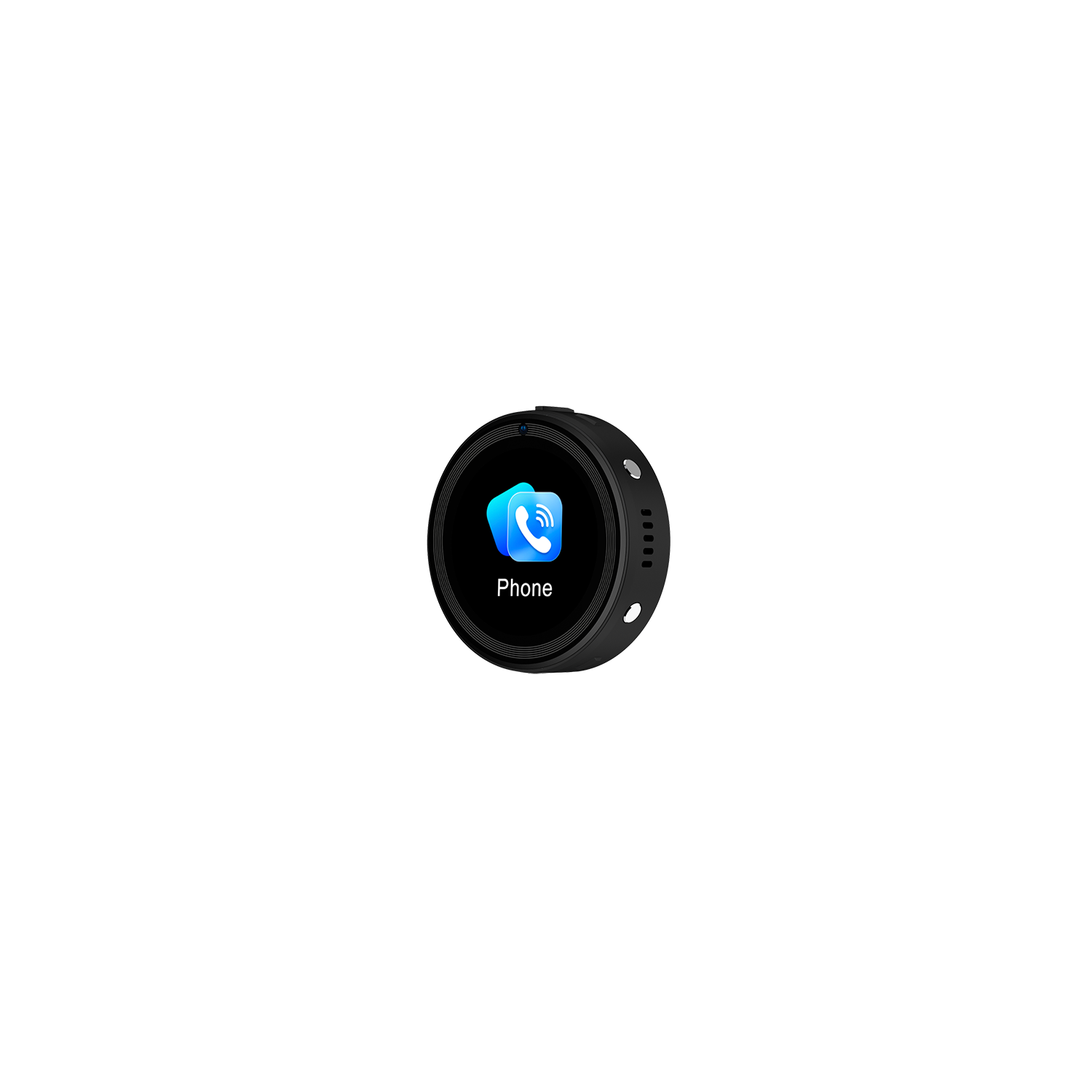 Un reloj inteligente negro muestra un icono de teléfono. Está sobre un fondo negro.