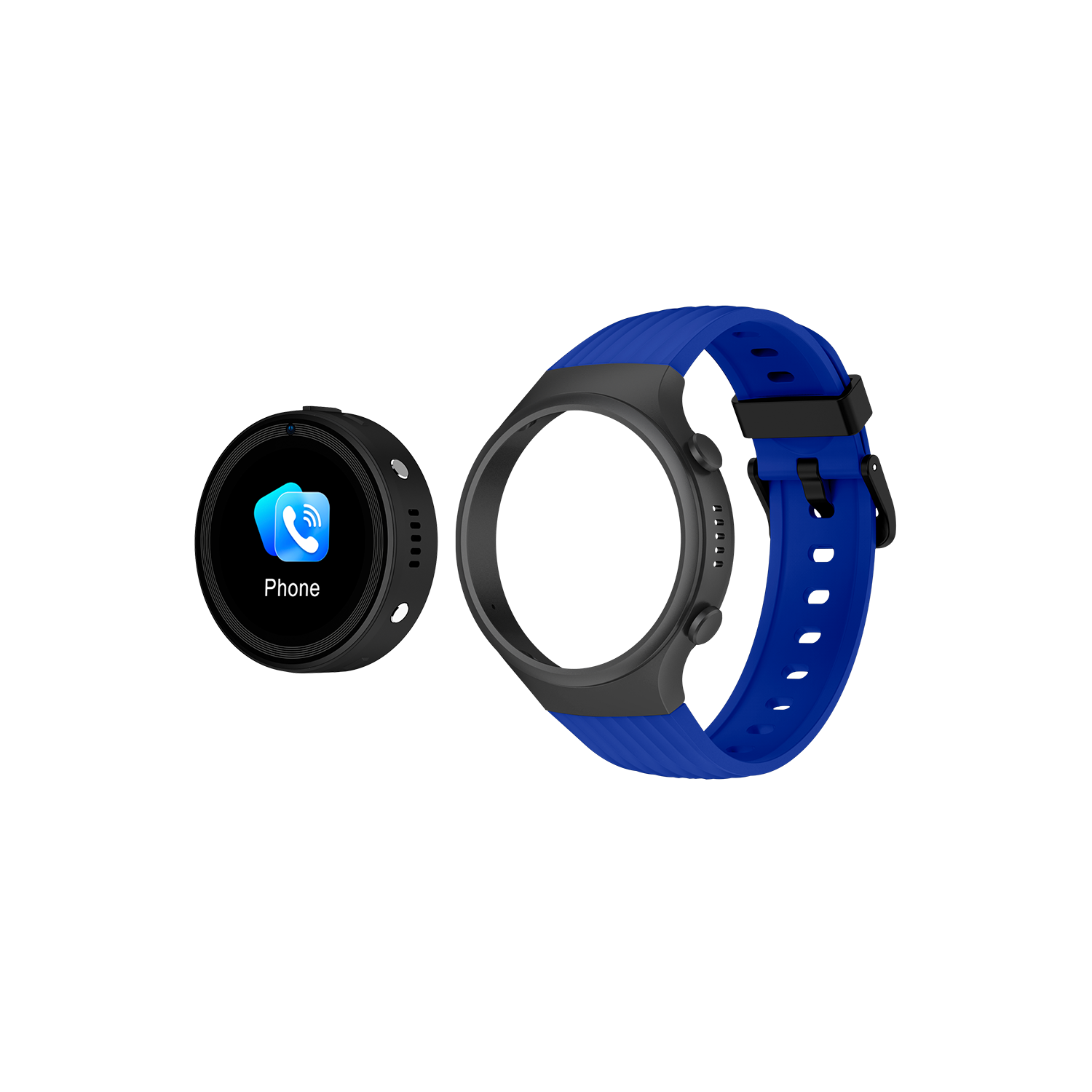 Un reloj inteligente negro y una correa azul están separados sobre un fondo negro.