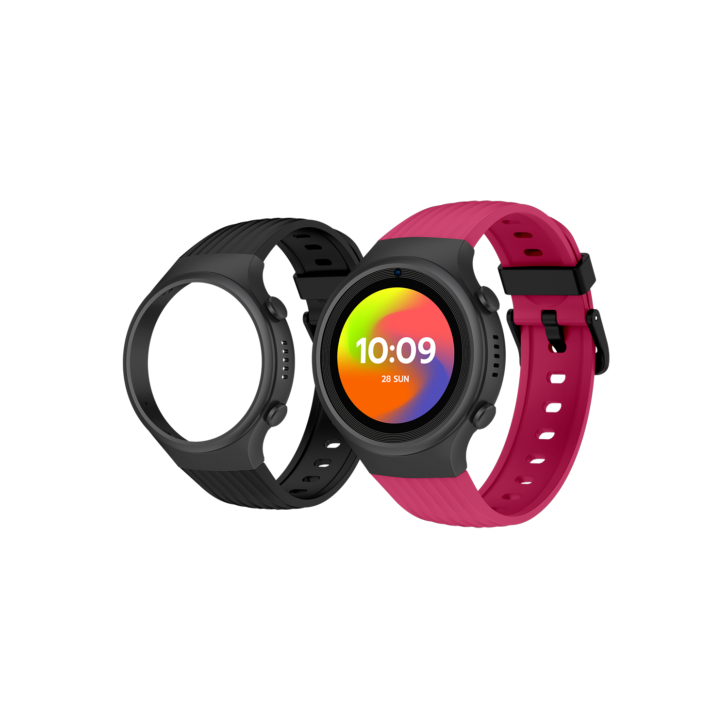 Dos smartwatches negros, uno con correa rosa y pantalla colorida, mostrando la hora.