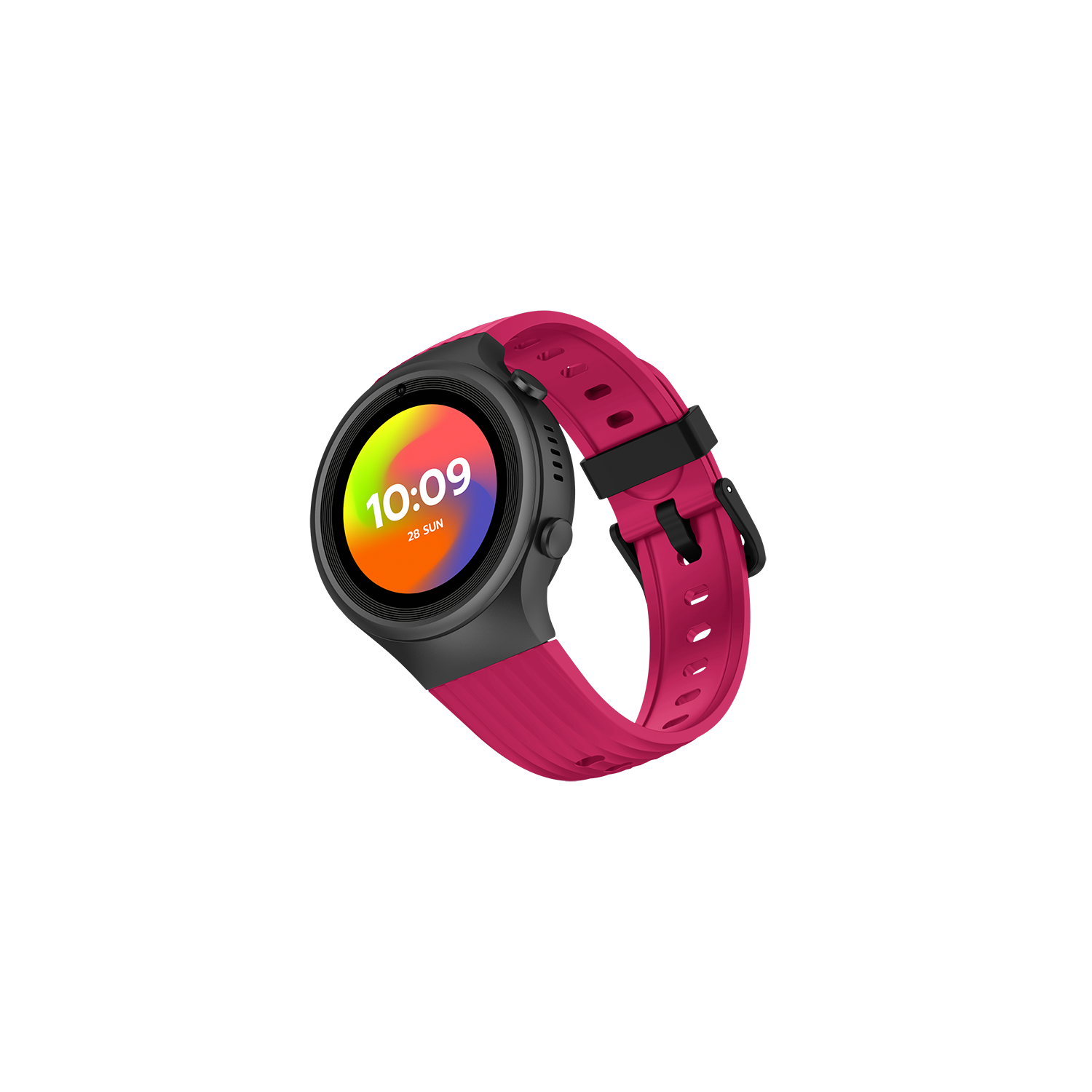 Smartwatch negra con correa rosa sobre fondo negro muestra la hora.
