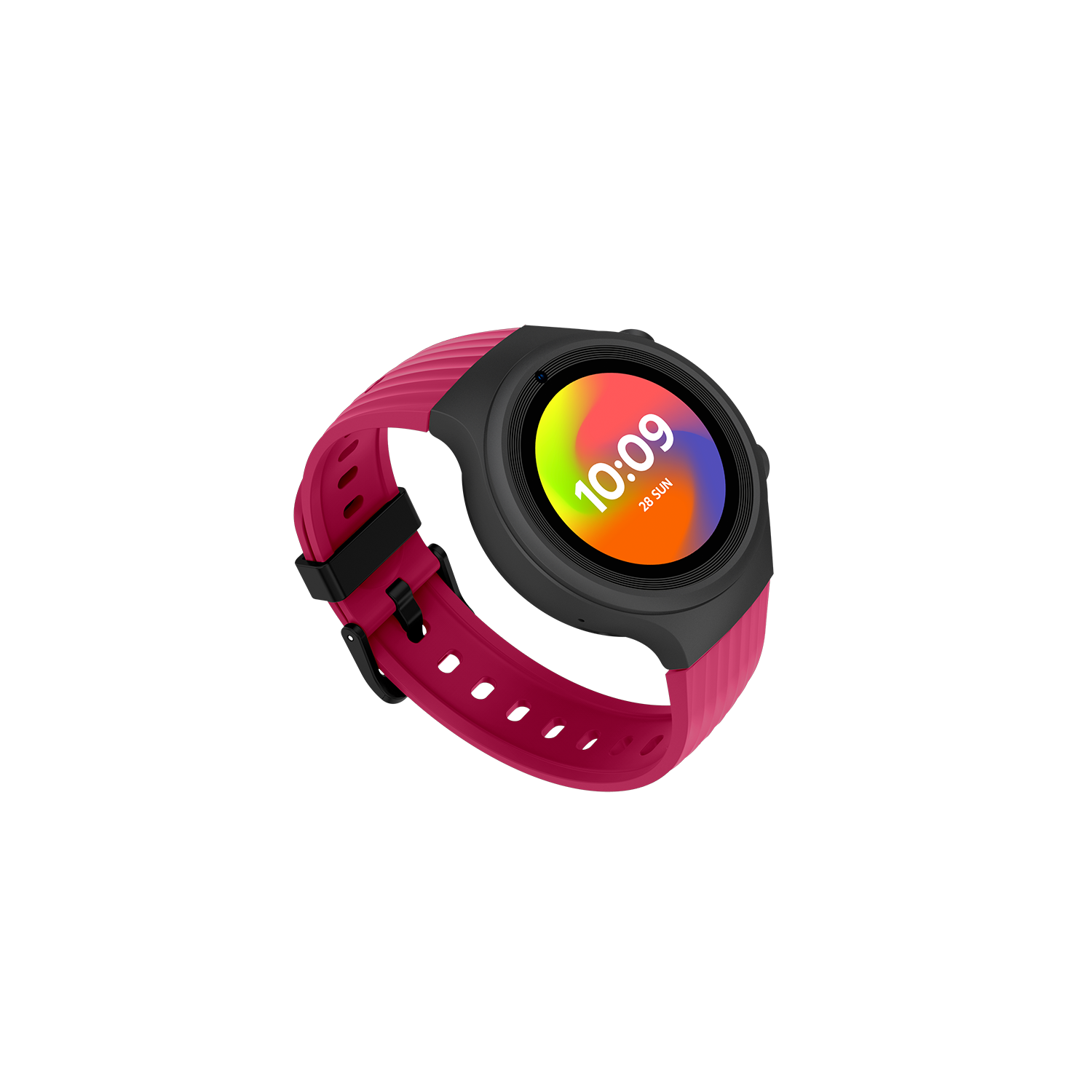 Smartwatch negra con correa rosa sobre fondo negro muestra la hora.