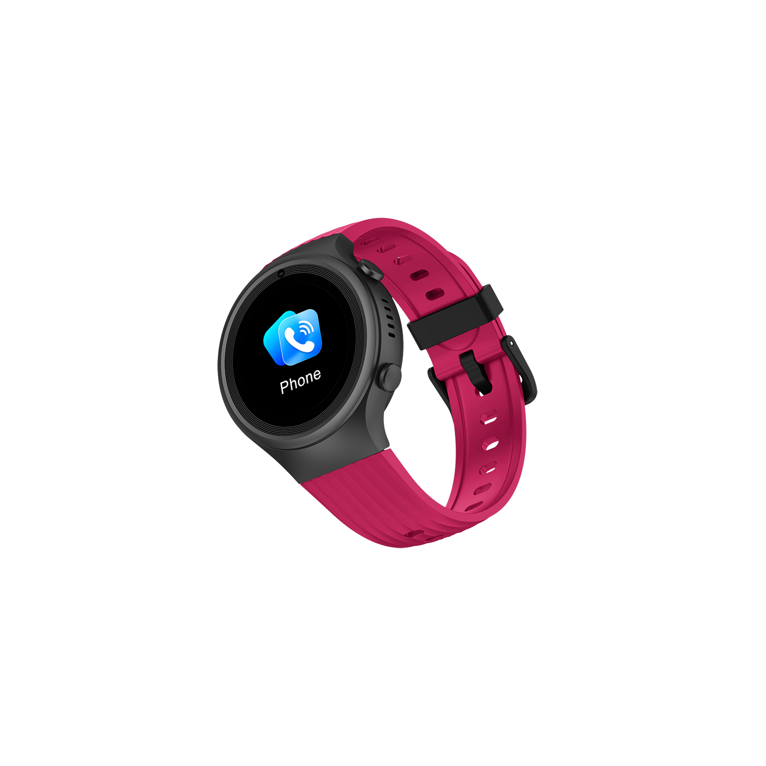 Smartwatch negro con correa rosa, mostrando un icono de teléfono, sobre fondo negro.