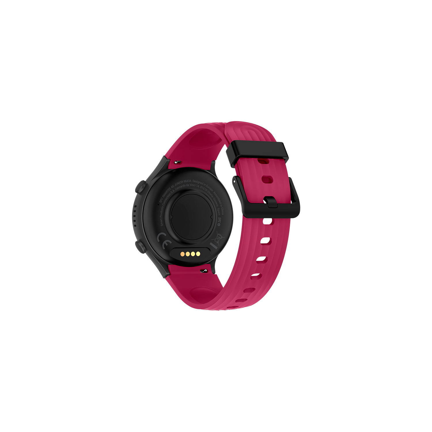 La parte trasera de un smartwatch negro con correa rosa. Fondo negro.