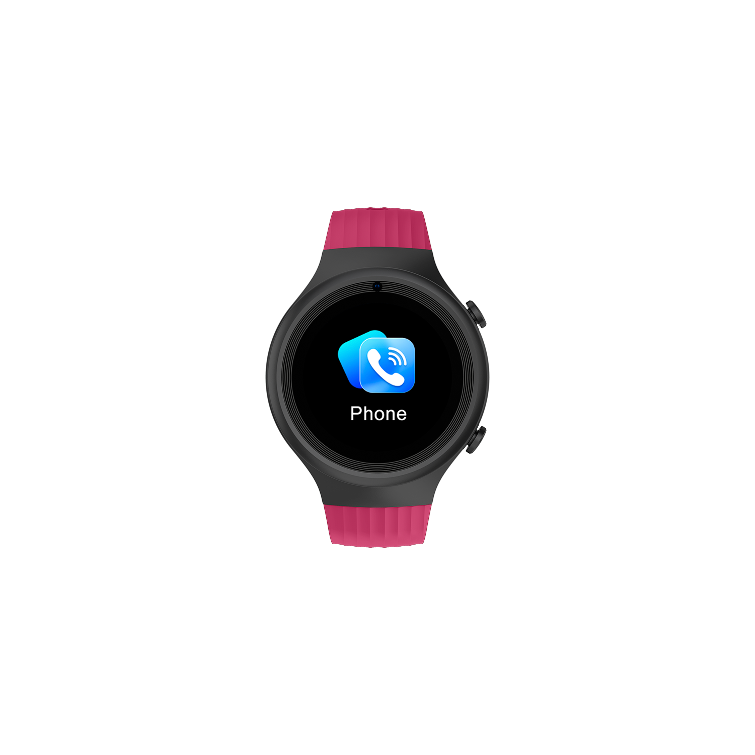Smartwatch negro con correa rosa mostrando un icono de teléfono. Fondo negro.