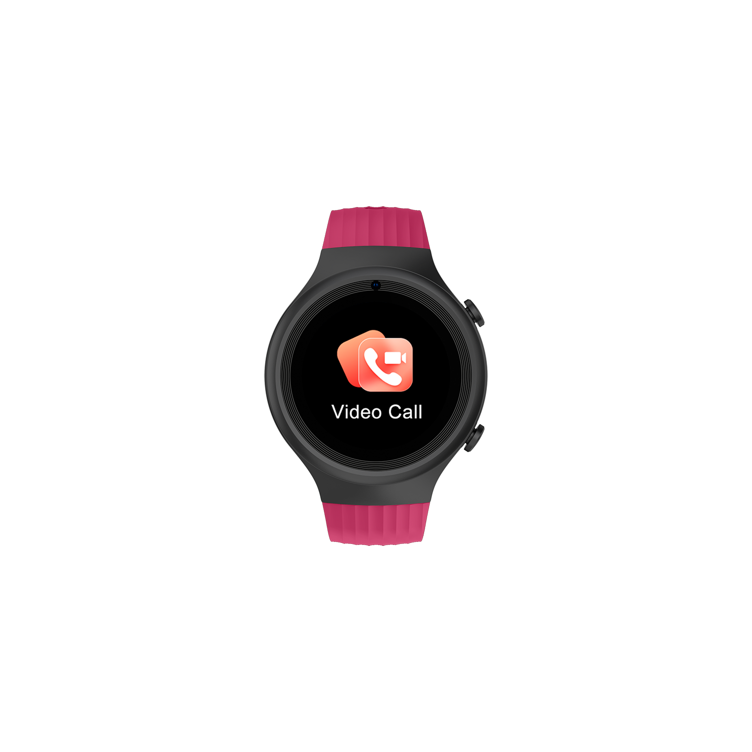 Smartwatch negro con correa rosa mostrando un icono de videollamada. Fondo negro.
