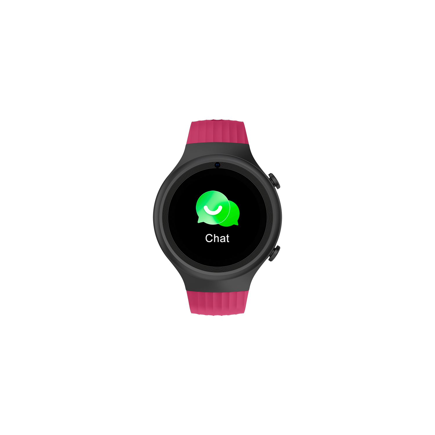 Smartwatch negro con correa rosa mostrando un icono de chat. Fondo negro.
