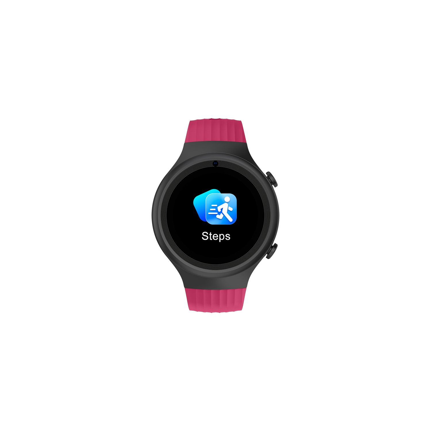 Smartwatch negro con correa rosa mostrando un icono de pasos. Fondo negro.