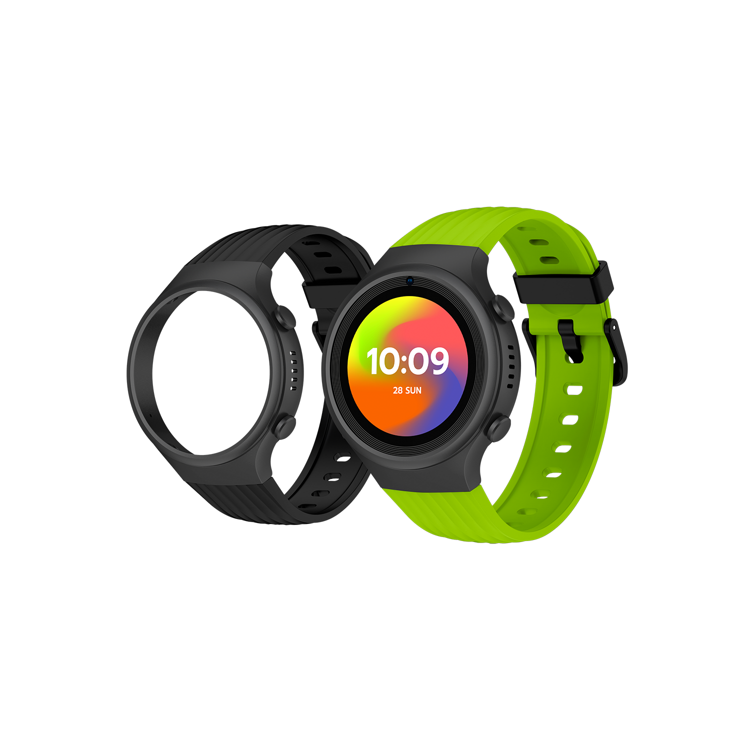 Reloj inteligente con correa verde y carcasa negra. También se muestra otro reloj inteligente.