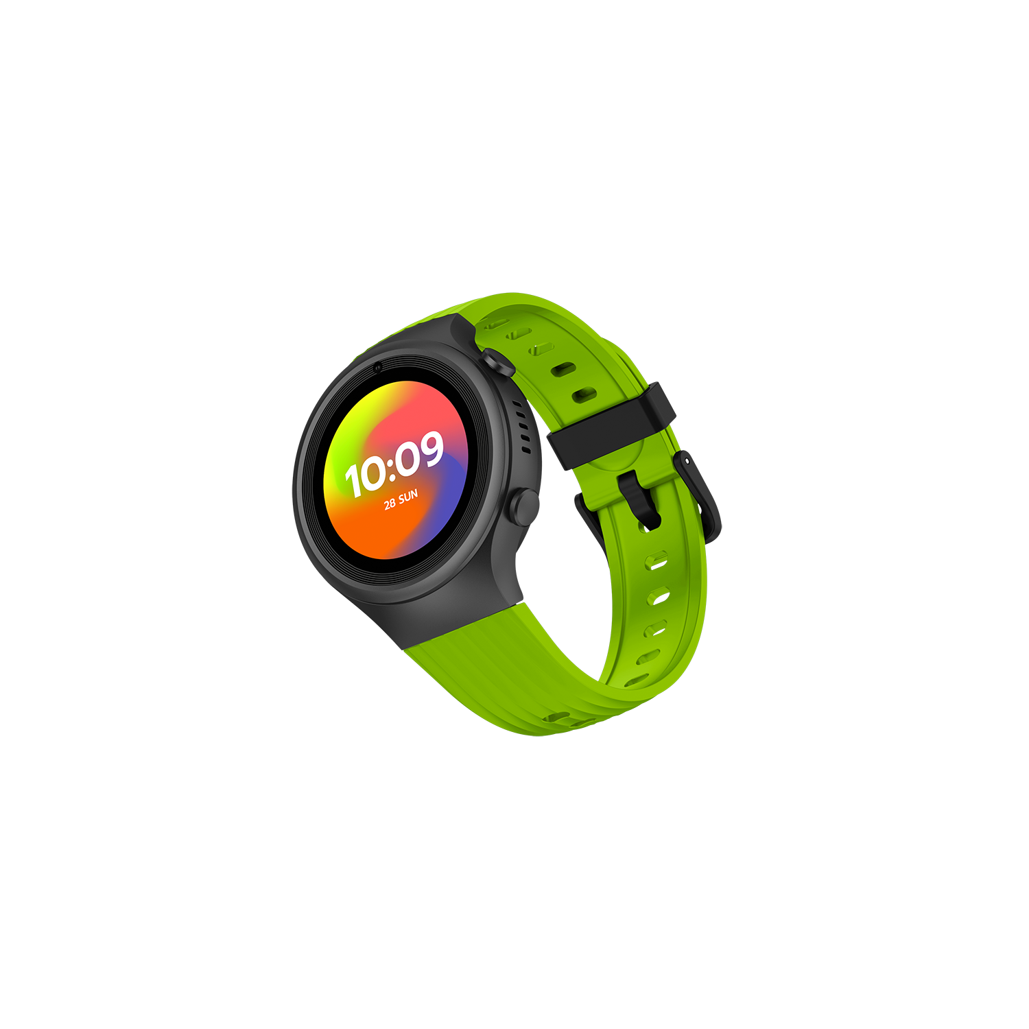 Reloj inteligente con correa verde y carcasa negra. La esfera muestra la hora.