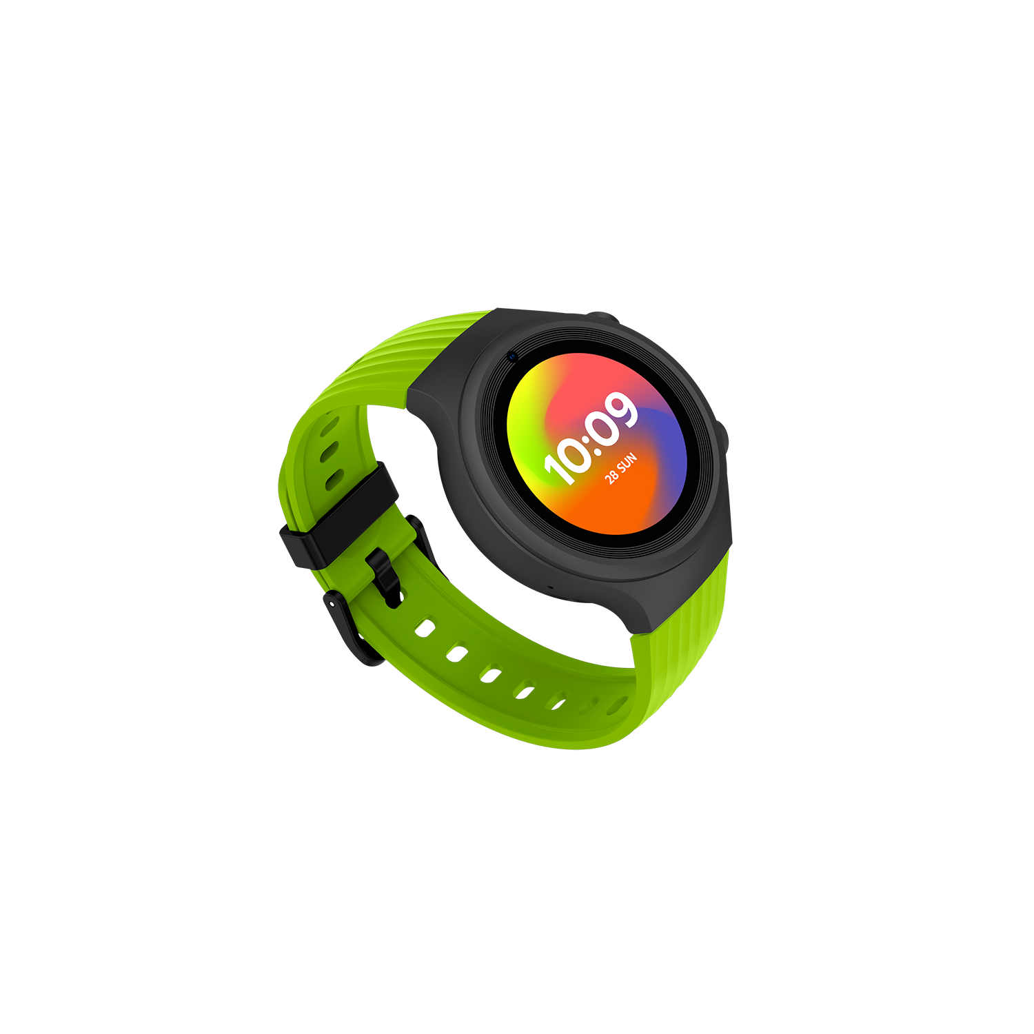 Smartwatch negra y verde lima que muestra la hora y una pantalla colorida.