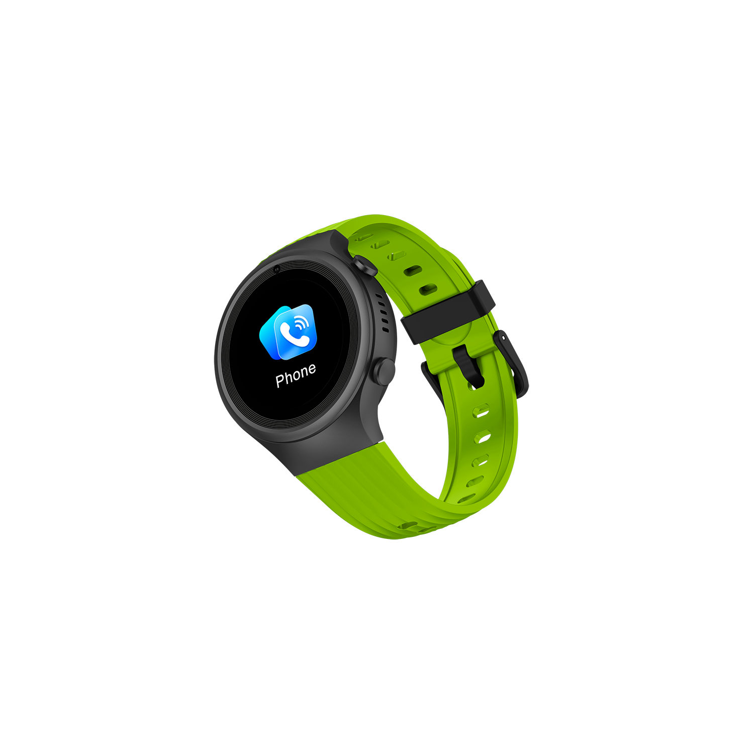Smartwatch negra y verde lima con icono de teléfono en pantalla sobre fondo negro.