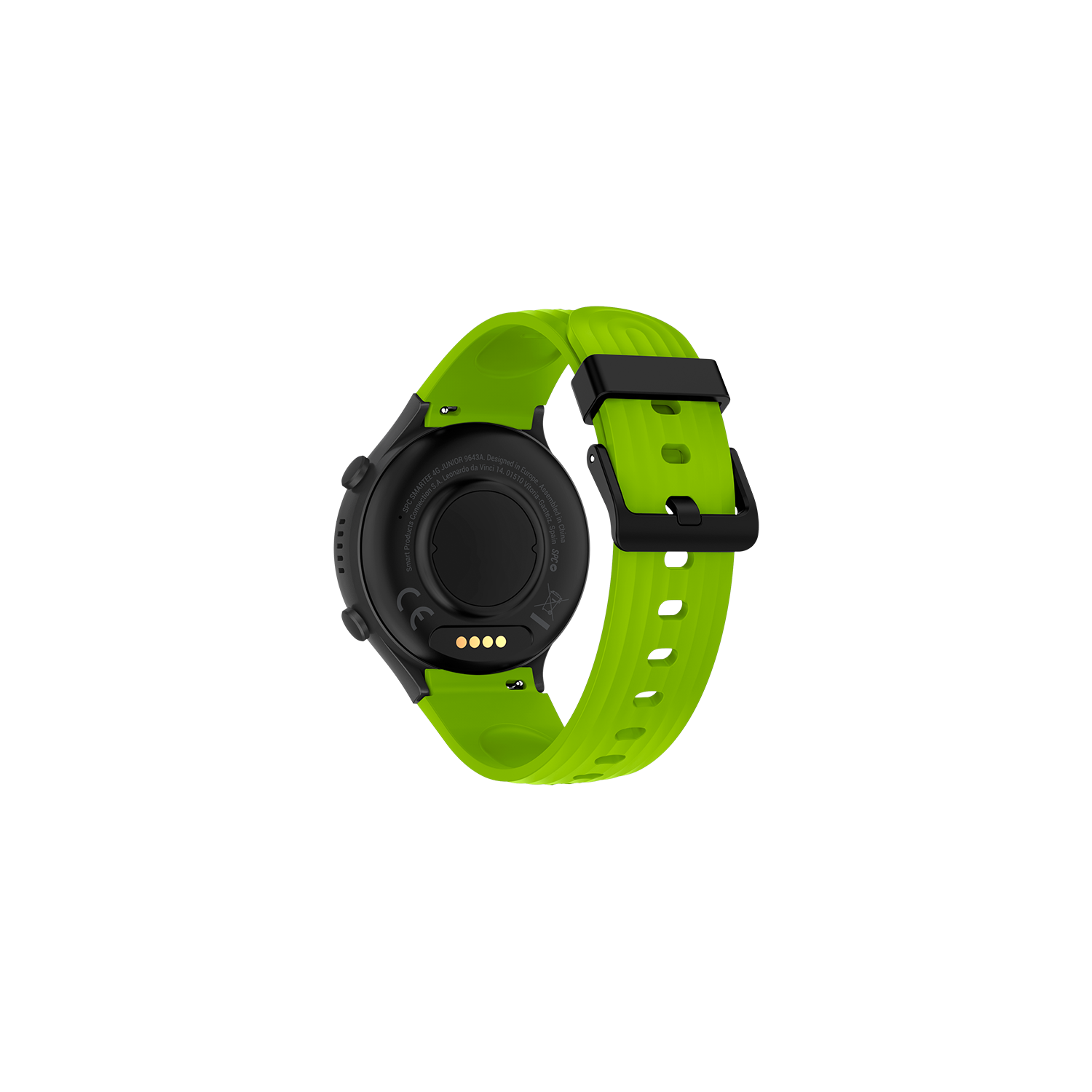 Parte trasera del smartwatch negro y verde lima. Muestra texto, marca CE y puntos de carga.