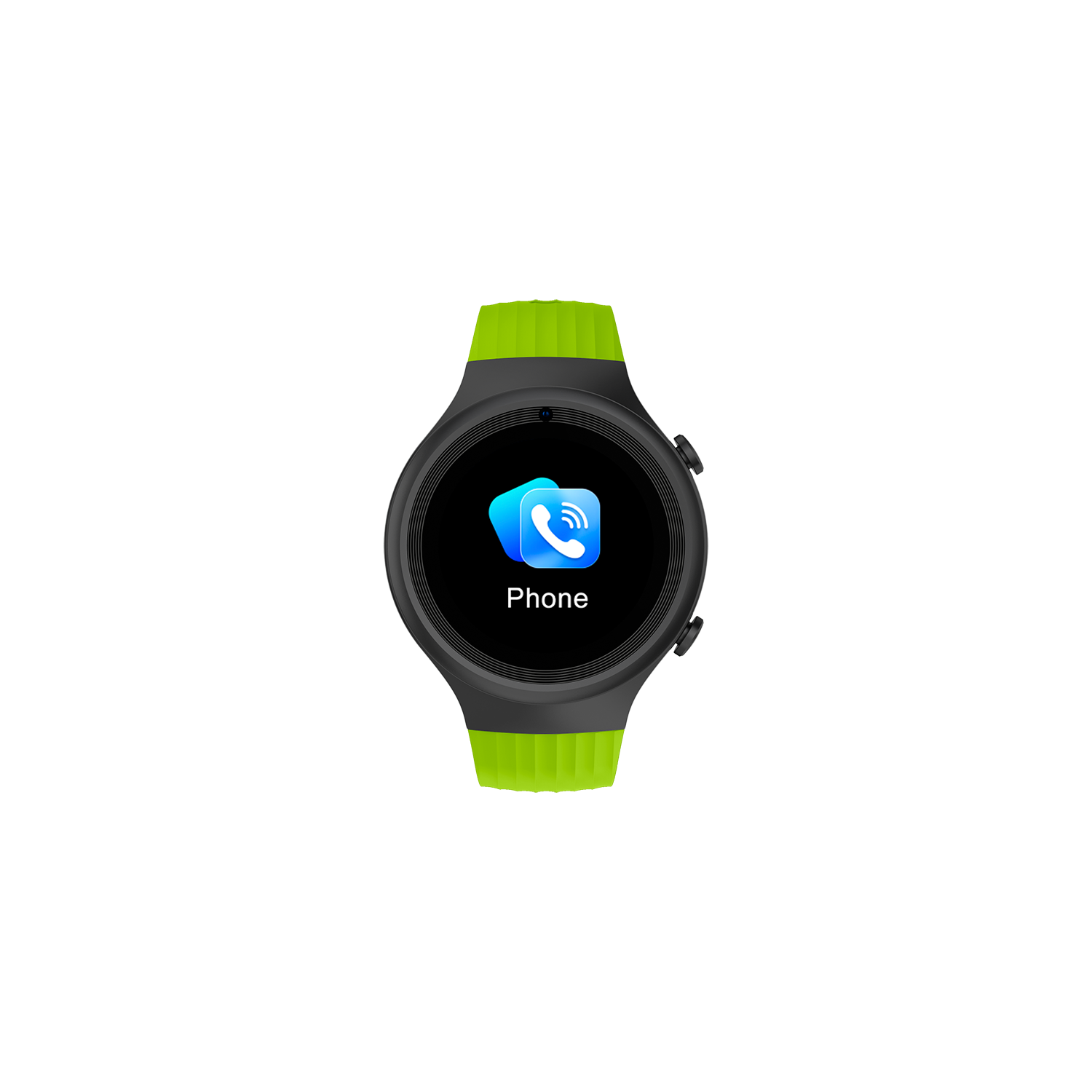Smartwatch negra y verde lima con icono de teléfono.