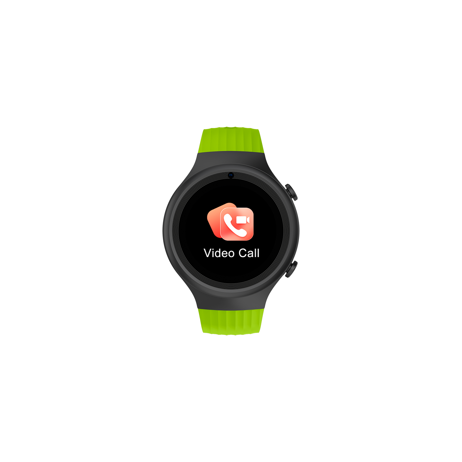 Smartwatch negra y verde lima, que muestra un icono de videollamada.