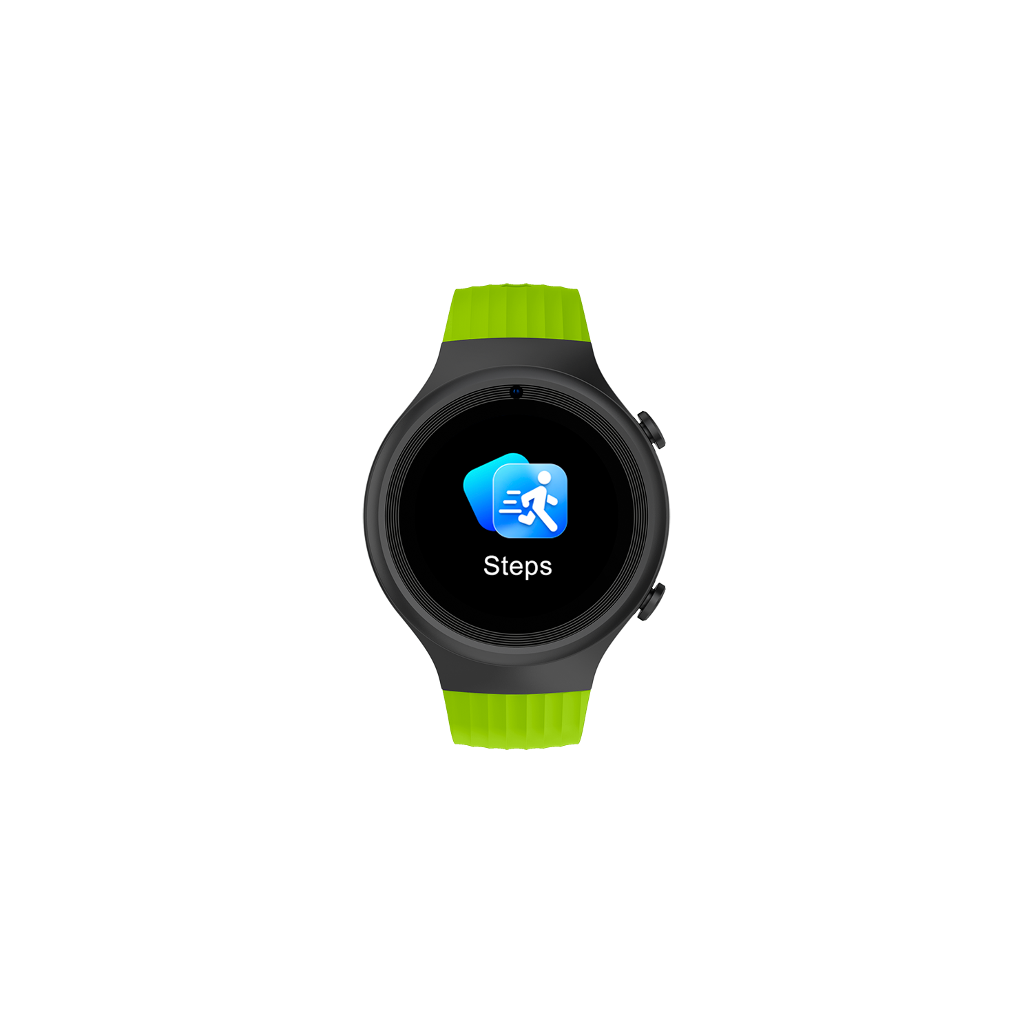 Smartwatch negra y verde lima, que muestra un icono de pasos.