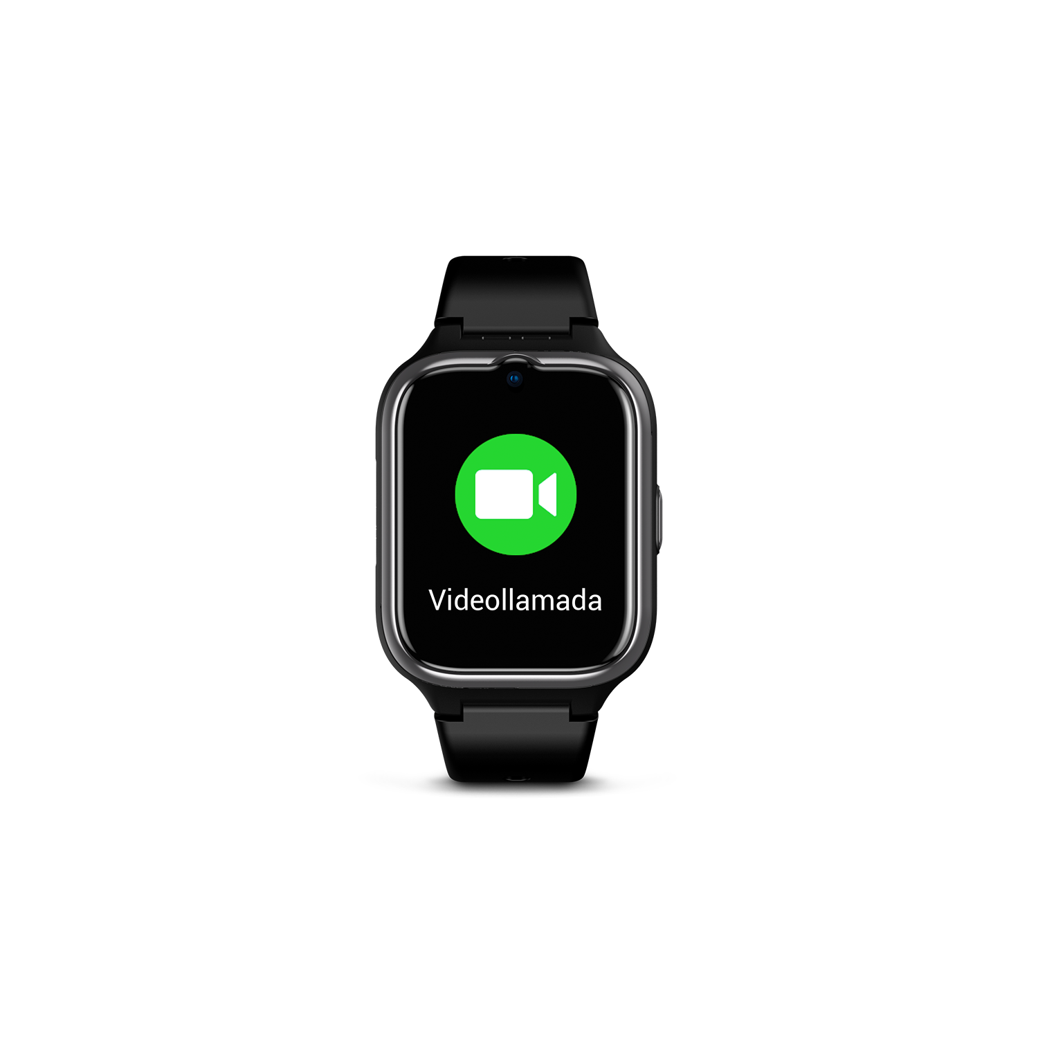 Smartwatch sobre fondo negro mostrando un icono de videollamada con la palabra 'Videollamada'.
