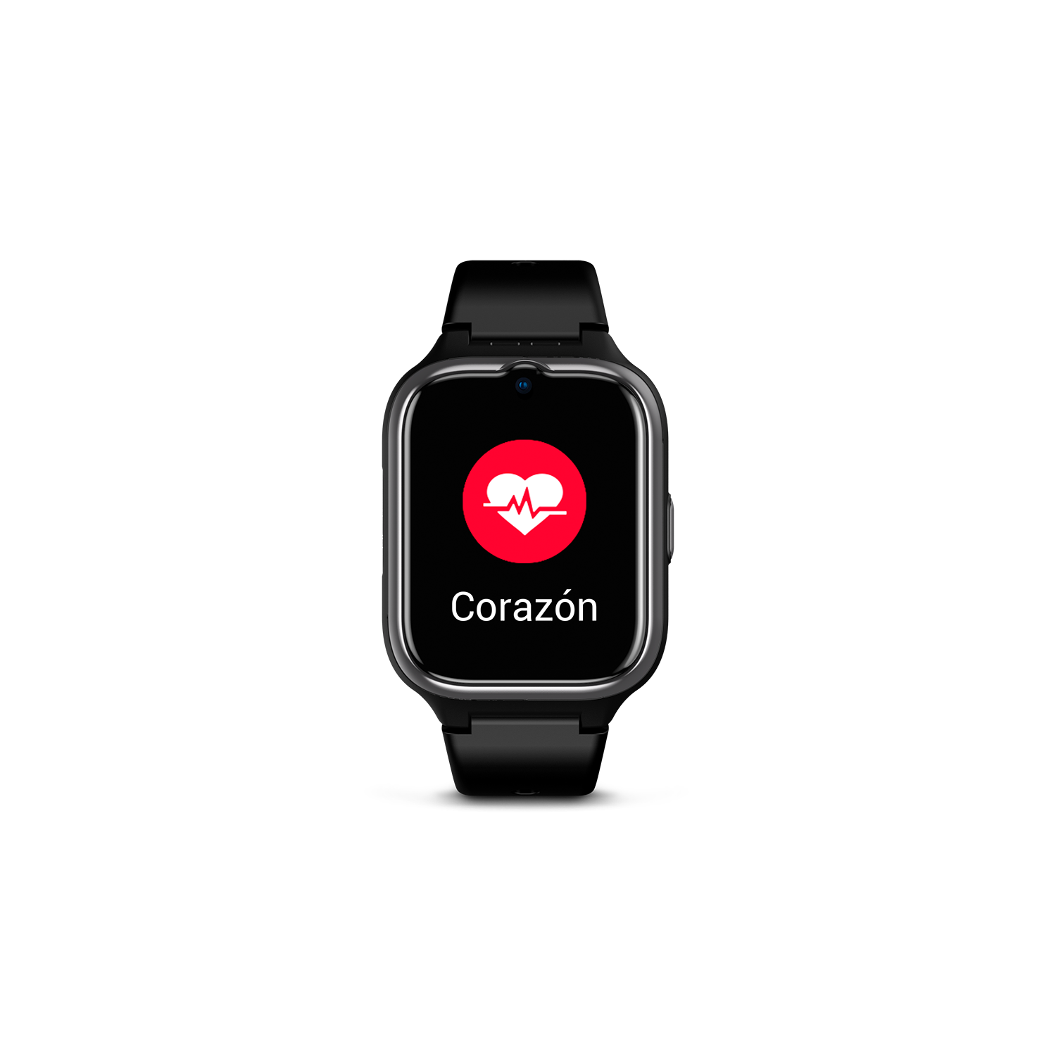 Smartwatch en fondo negro mostrando un icono de corazón y la palabra 'Corazón'.