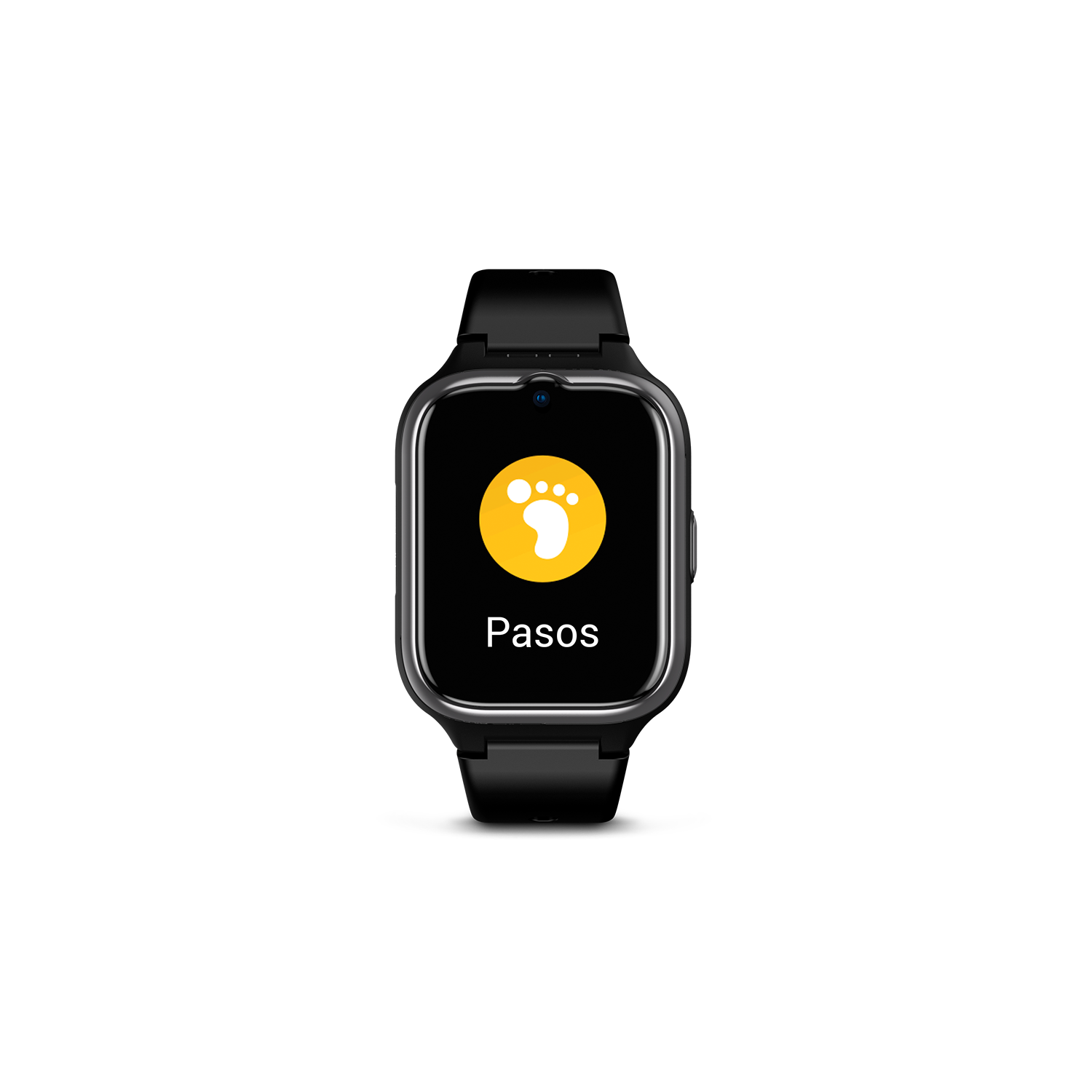 Smartwatch en fondo negro mostrando un icono de huella y la palabra 'Pasos'.