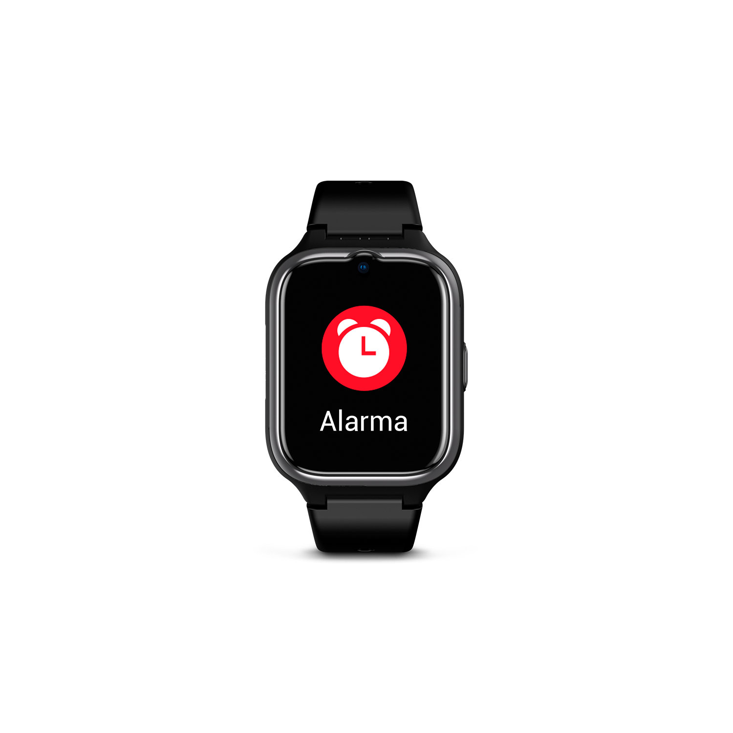 Smartwatch en fondo negro mostrando un icono de despertador y la palabra 'Alarma'.