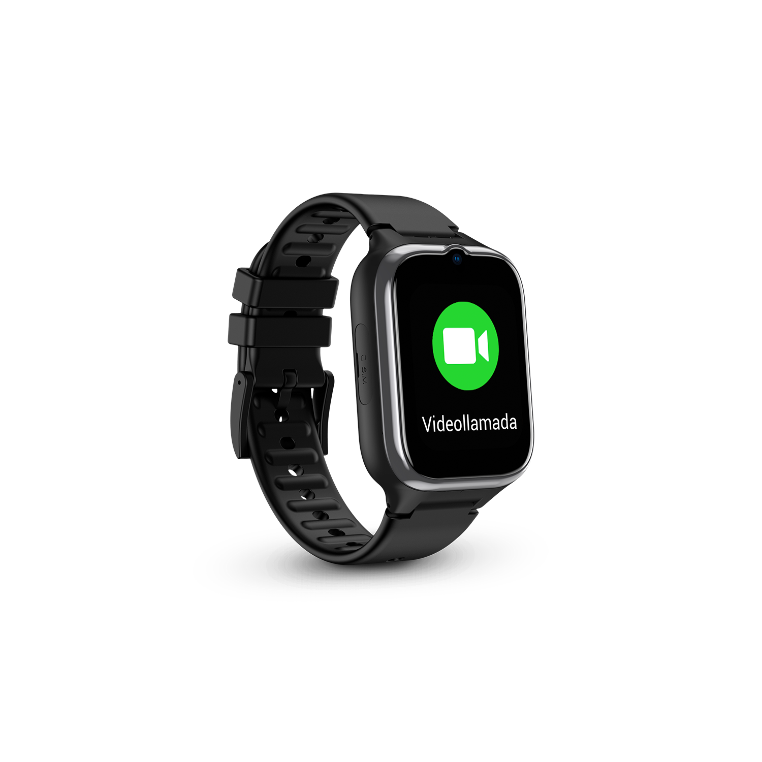 Smartwatch en fondo negro mostrando un icono de videollamada con la palabra 'Videollamada'.