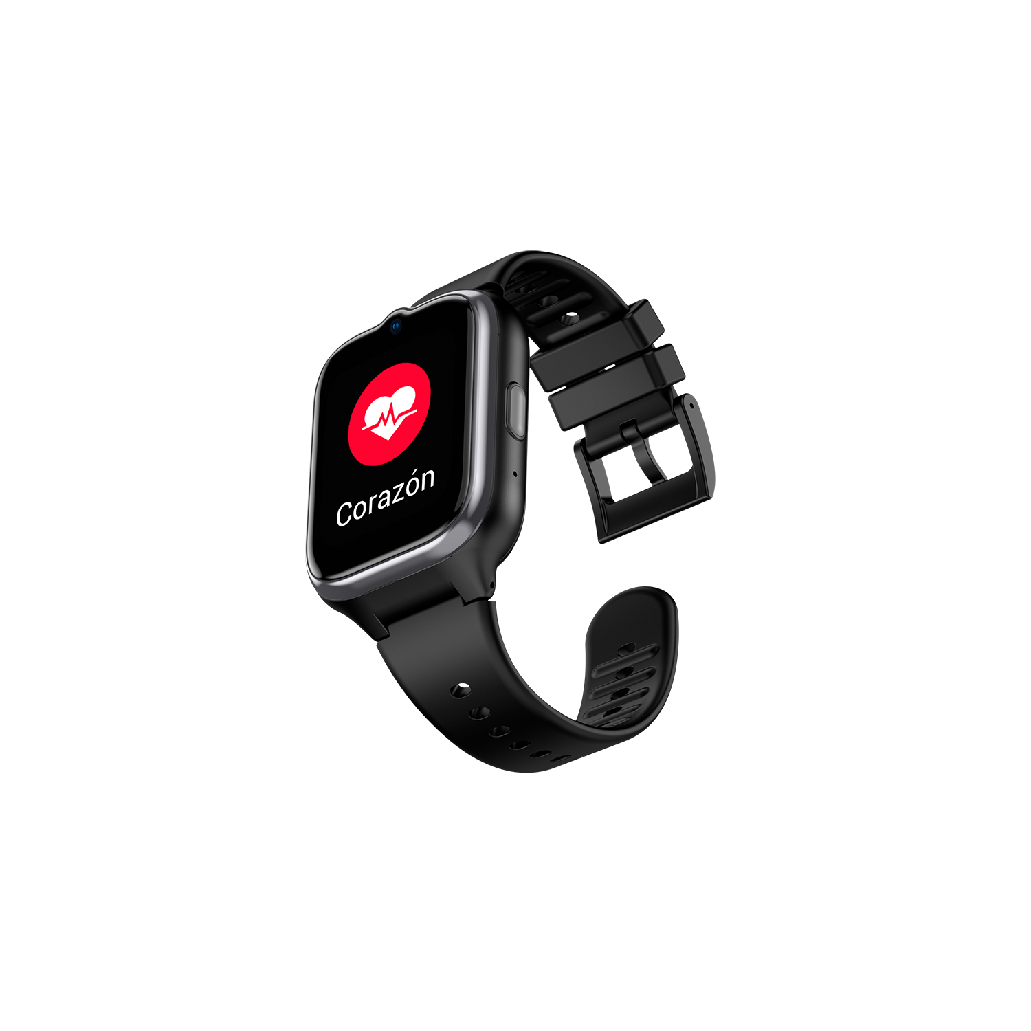 Smartwatch en fondo negro mostrando un icono de corazón y la palabra 'Corazón'.