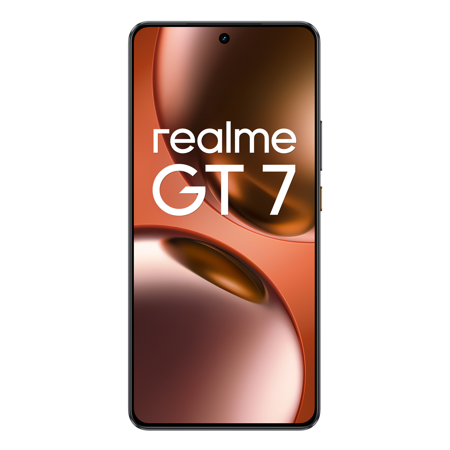 Un smartphone con una pantalla que muestra el logotipo de Realme GT 7 en un degradado naranja y marrón.