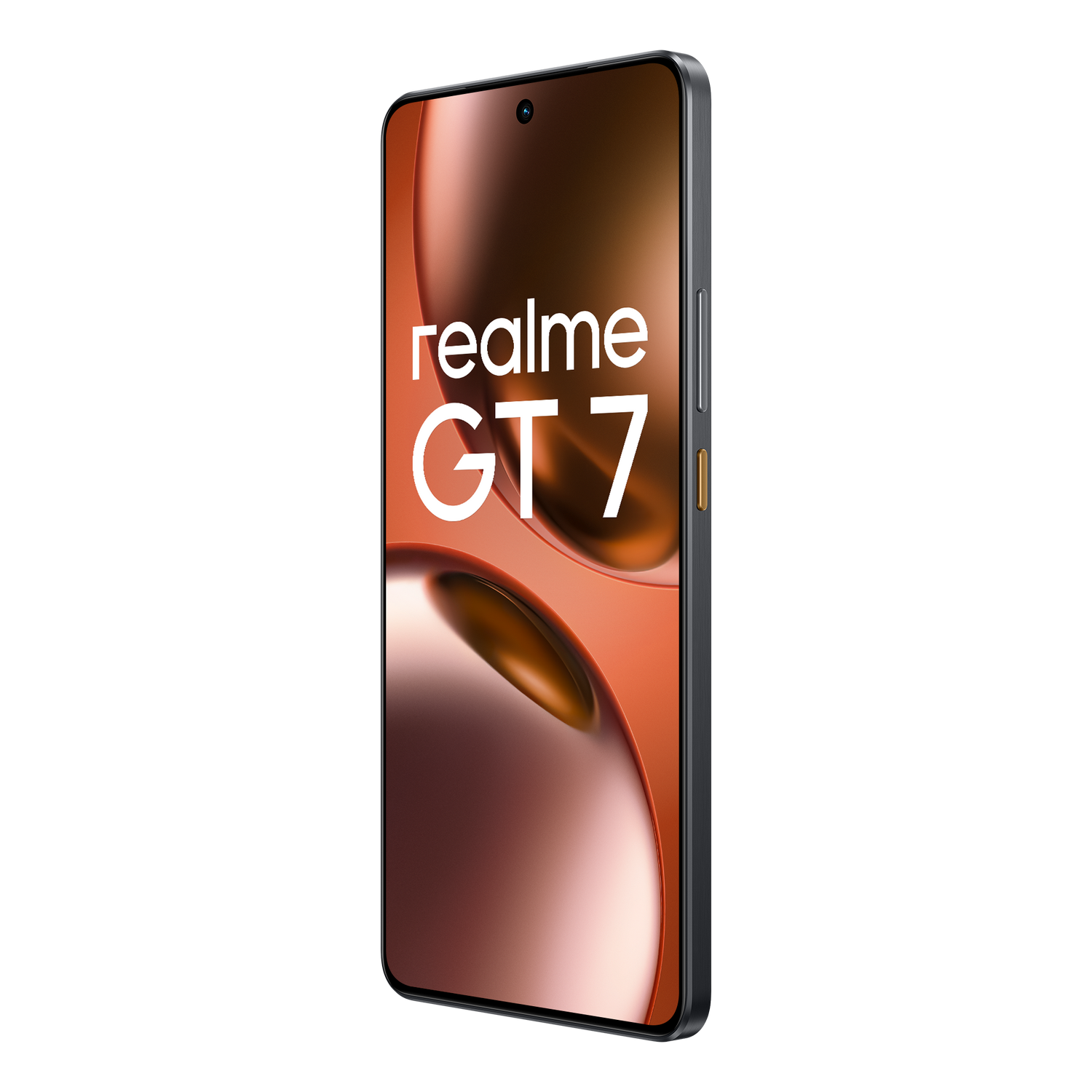 Un smartphone con una pantalla que muestra el logotipo de Realme GT 7 en un degradado naranja y marrón.