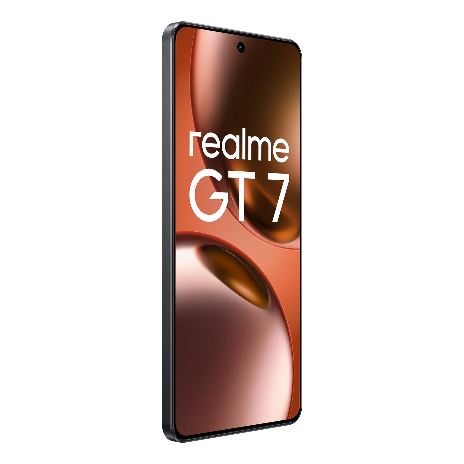 Un smartphone con una pantalla que muestra el logotipo de Realme GT 7 en un degradado naranja y marrón.