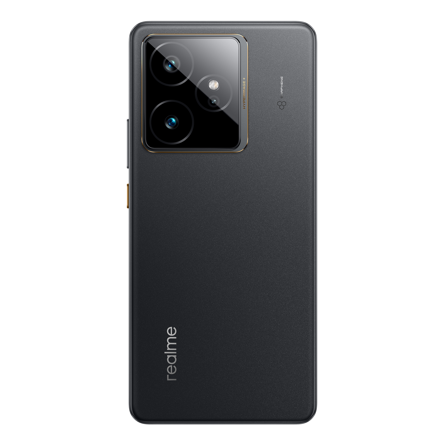 La parte trasera de un teléfono Realme GT 7 negro. Tiene tres cámaras y el logo de la marca.