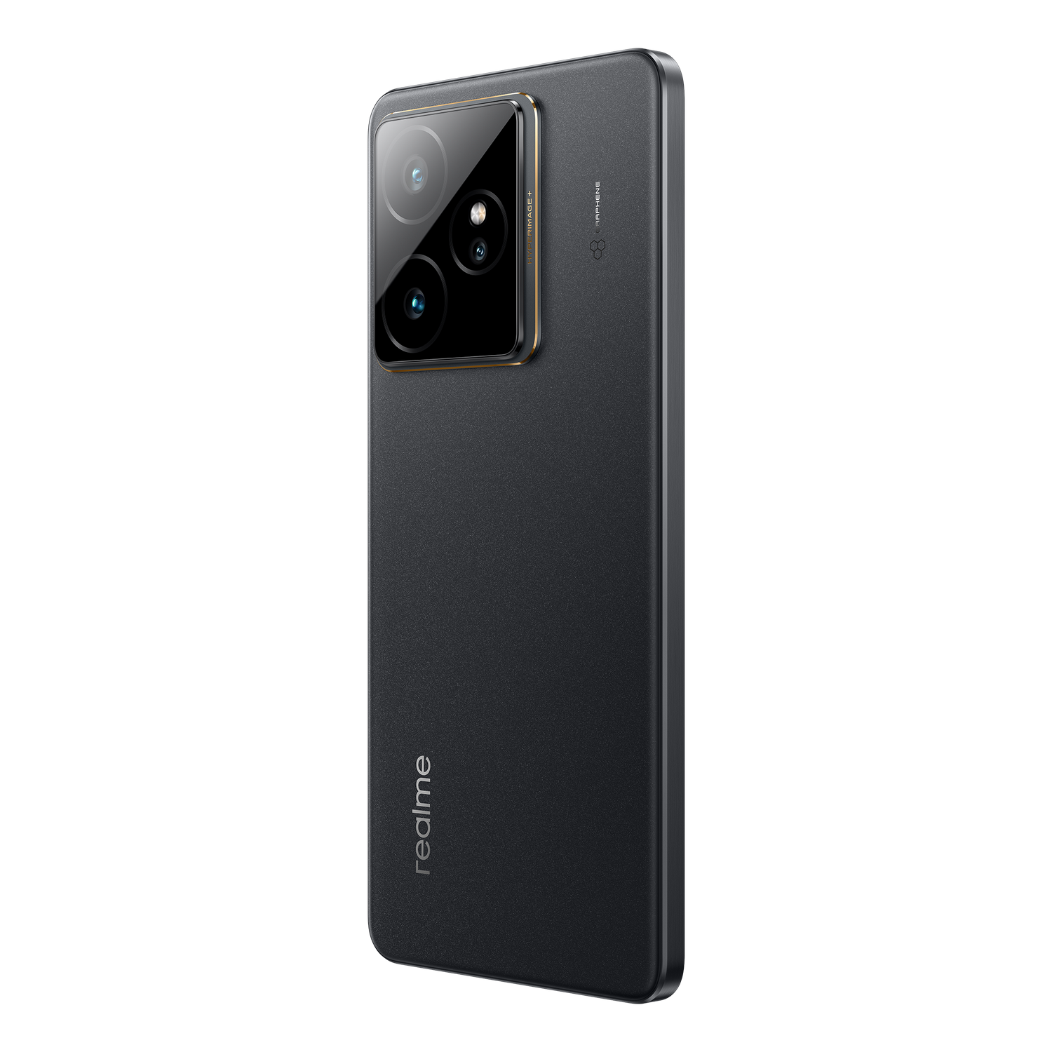 Un smartphone negro con tres cámaras y un logotipo de Realme en la parte trasera.