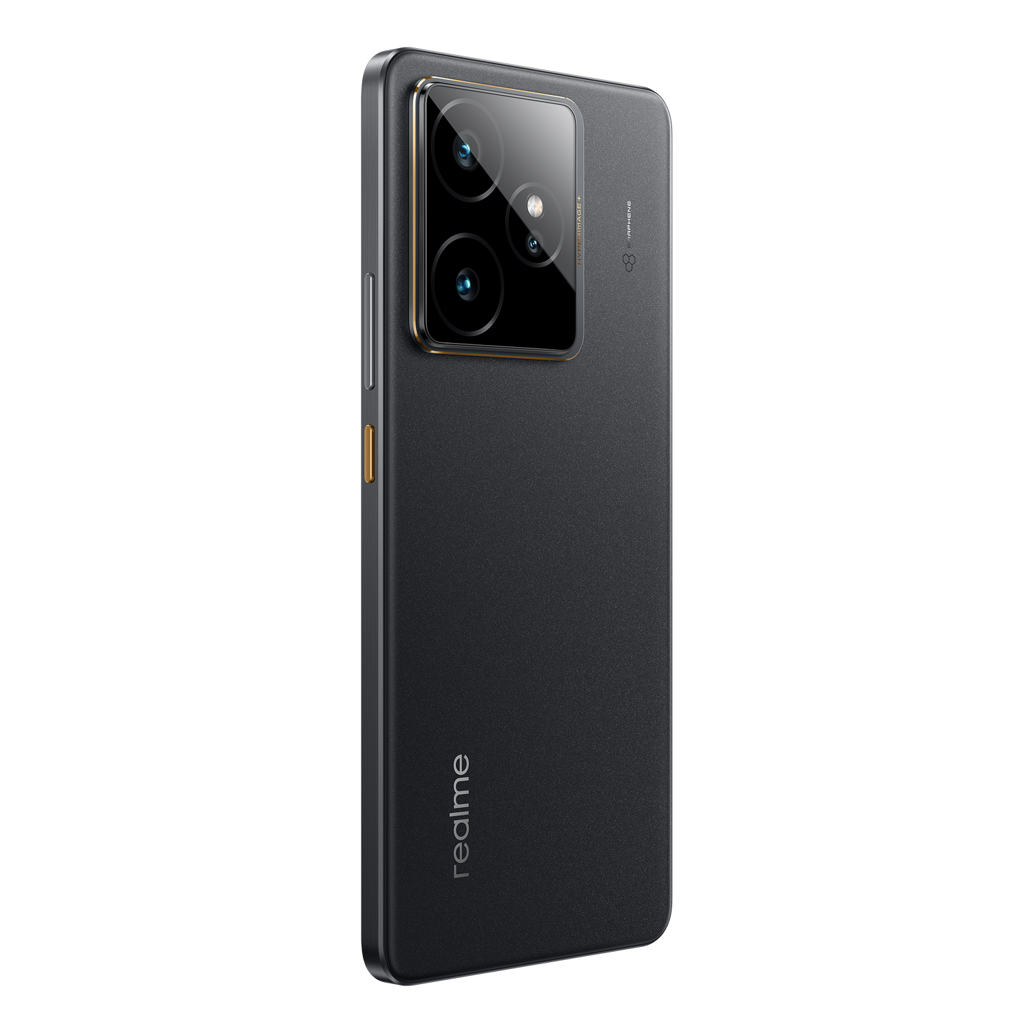 Un smartphone negro con tres cámaras y el logo de Realme en la parte trasera.
