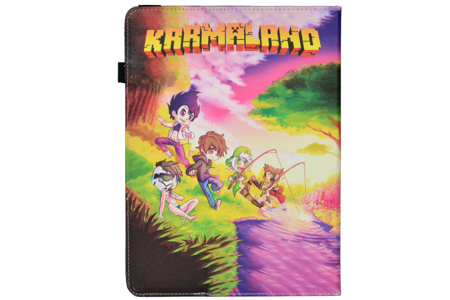 Funda de tableta con imagen de dibujos animados. Personajes pescando y de pie junto a un río, texto 'KARMALAND'.