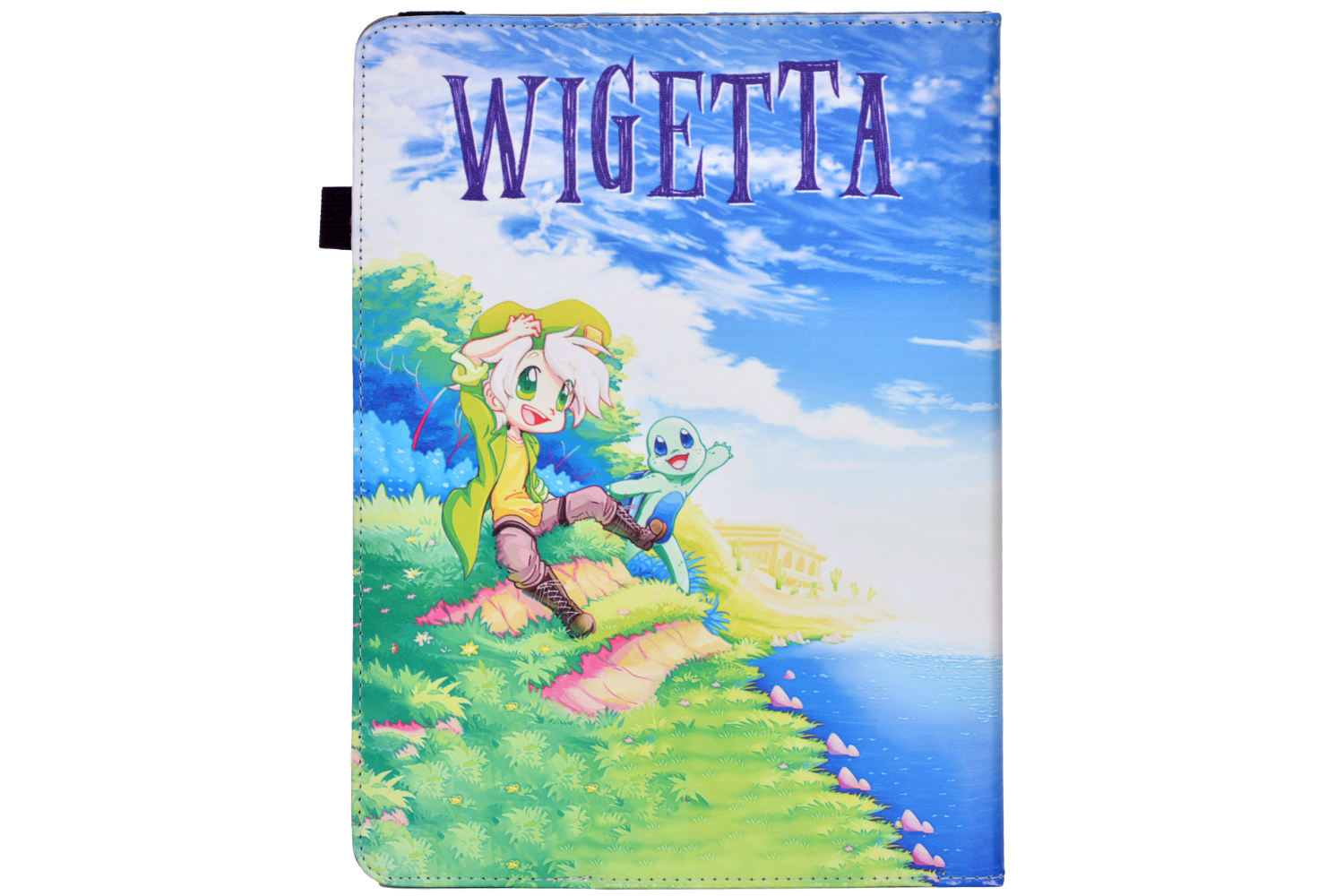 Funda de tableta con imagen de dibujos animados. Un personaje y una criatura azul junto a un río, texto 'WIGETTA'.