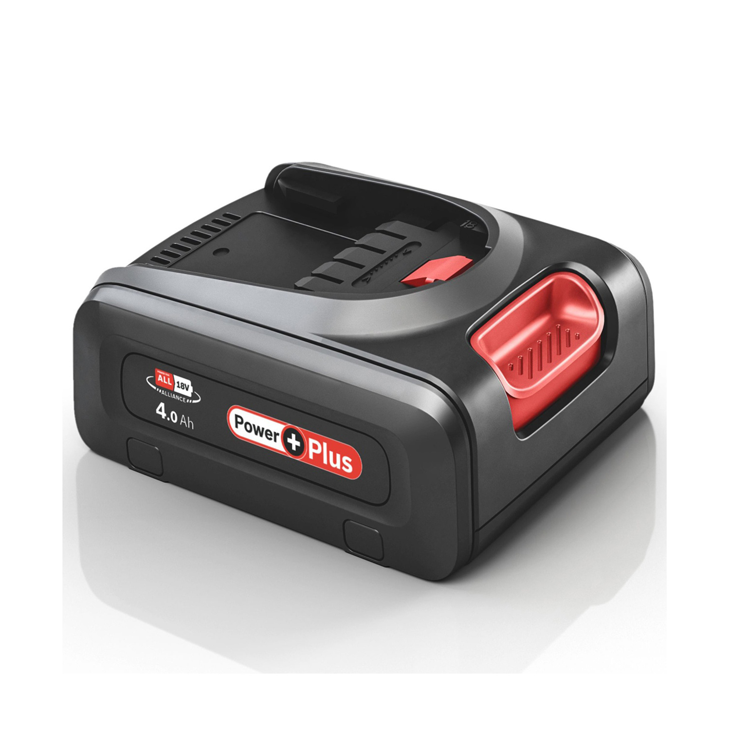 Batteria Power + Plus nera, dettagli rossi, su sfondo bianco. Mostra 4,0 Ah.