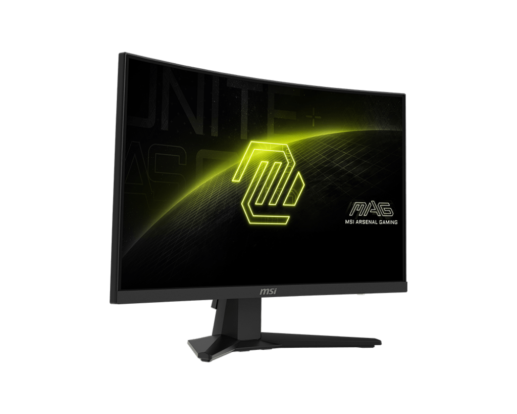 MSI Gaming-Monitor mit gewölbtem Bildschirm und gelbem Logo auf schwarzem Hintergrund.